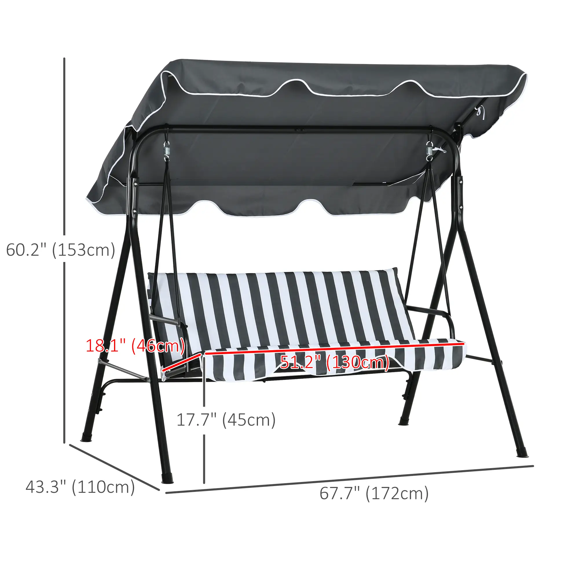 3-Seater Outdoor Porch Swing, Adjustable Canopy, White, Grey - Image 3
