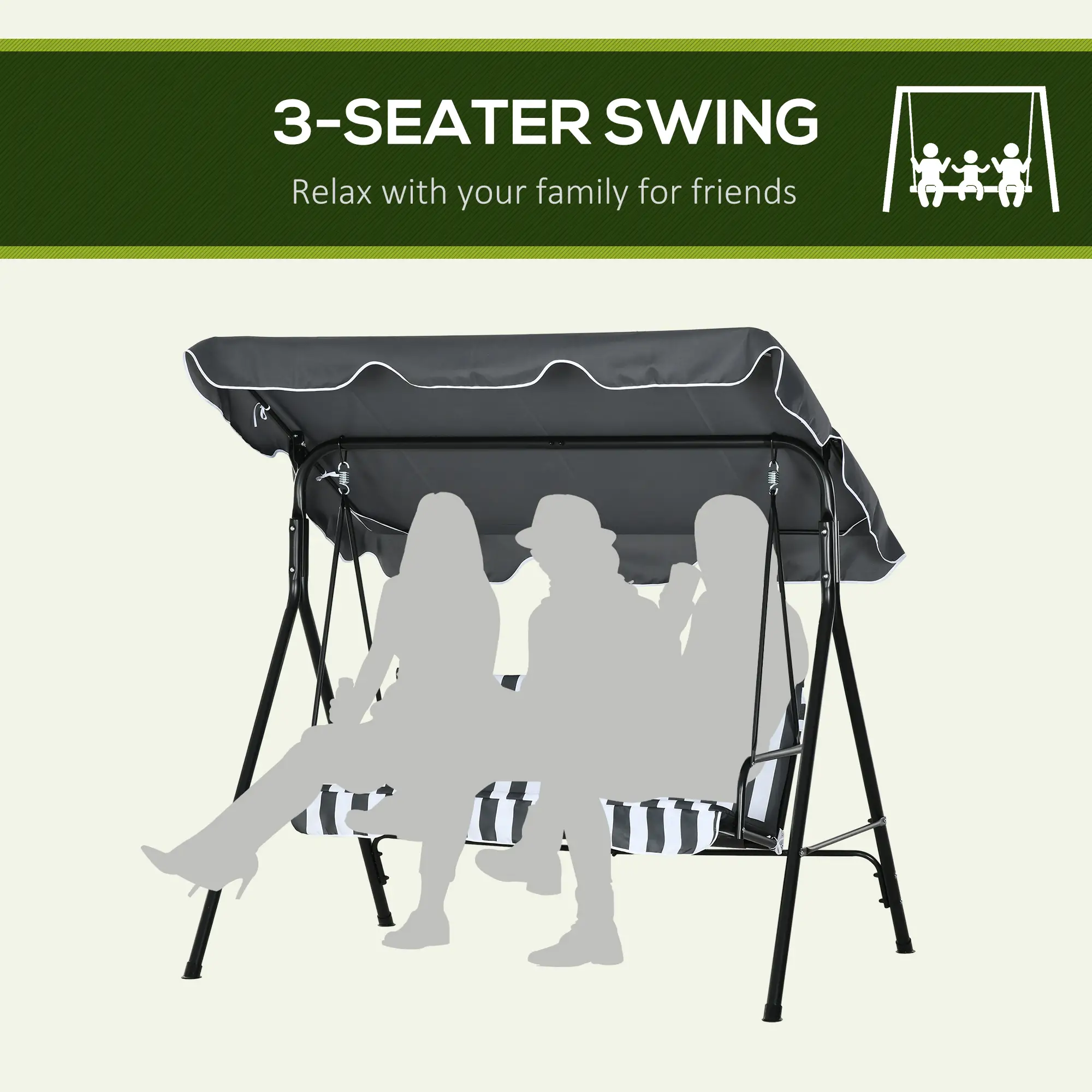 3-Seater Outdoor Porch Swing, Adjustable Canopy, White, Grey - Image 7
