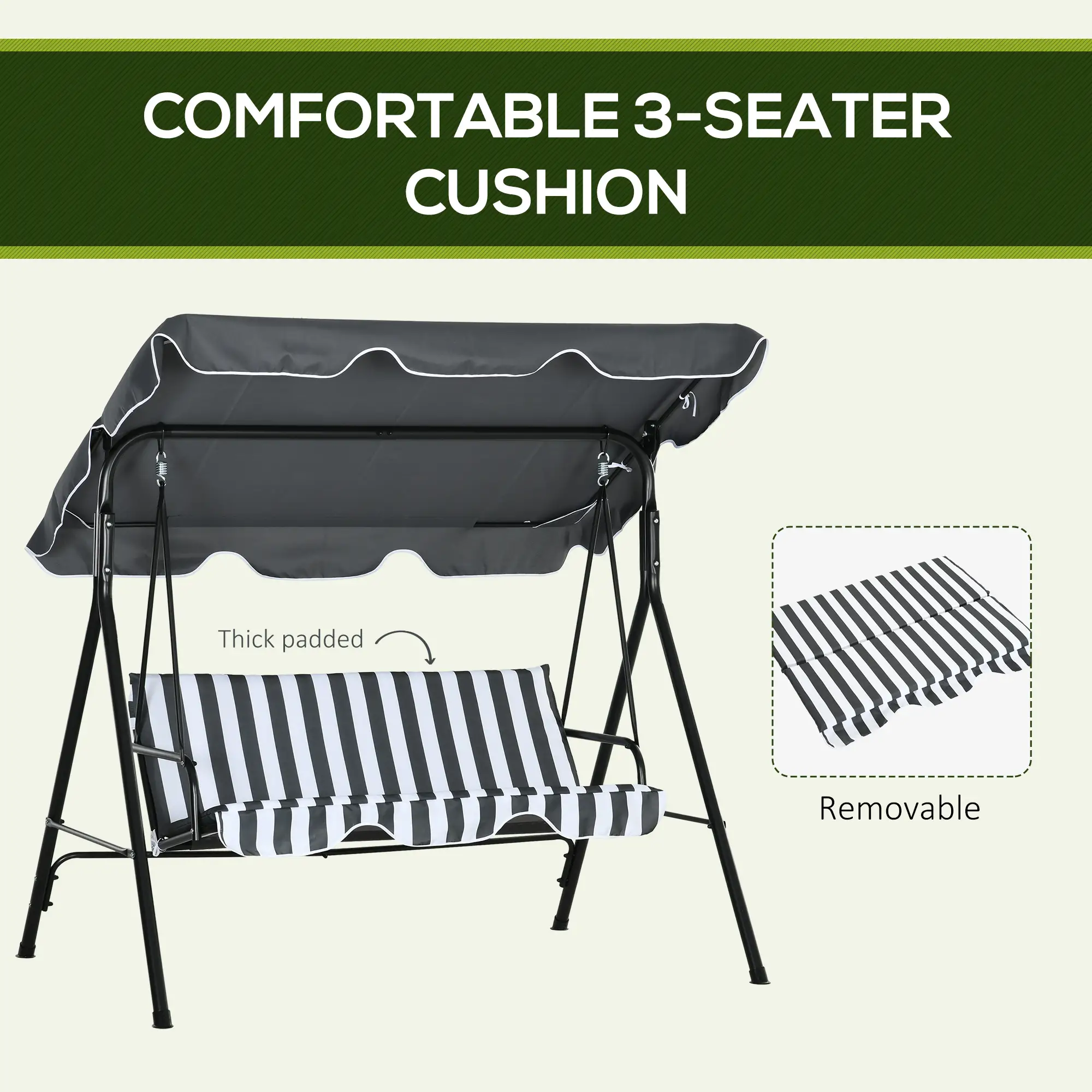 3-Seater Outdoor Porch Swing, Adjustable Canopy, White, Grey - Image 8