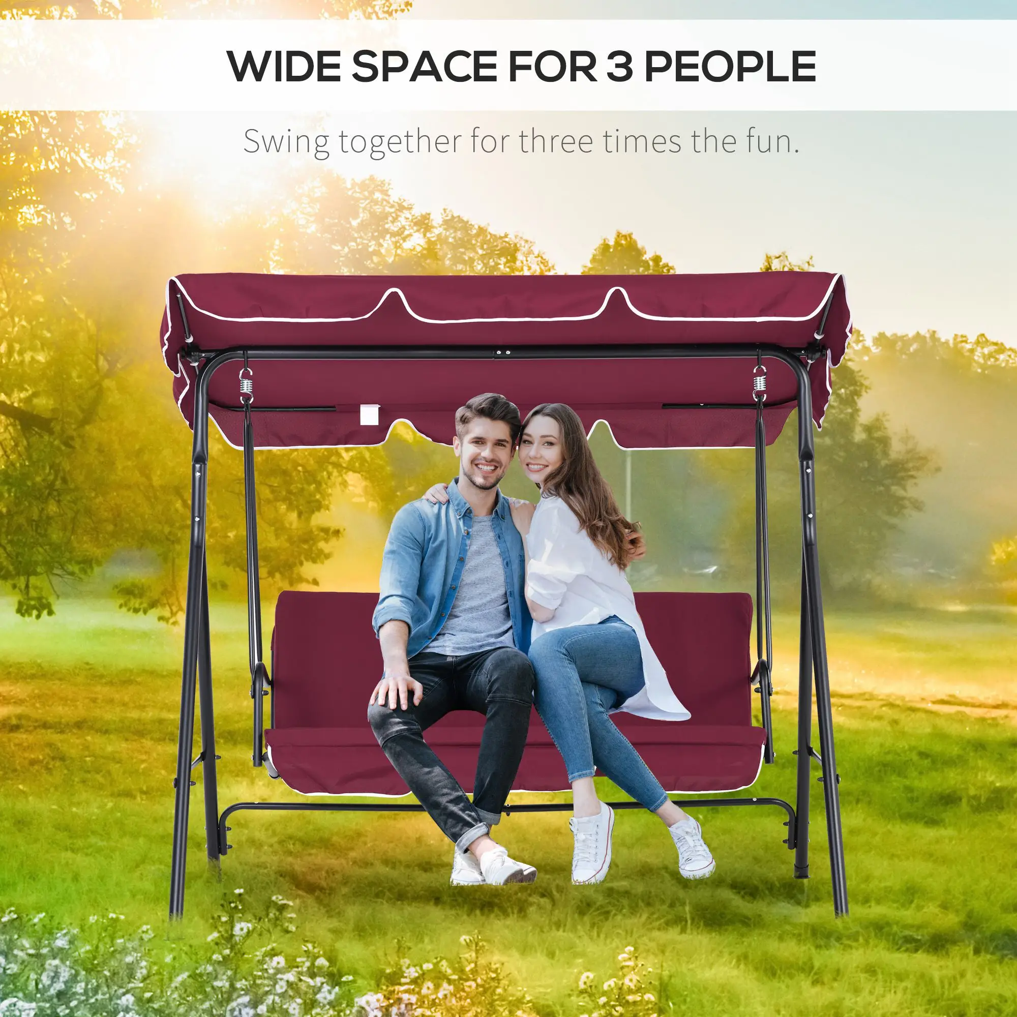 3-Seater Outdoor Porch Swing, Adjustable Canopy, Wine Red - Image 4