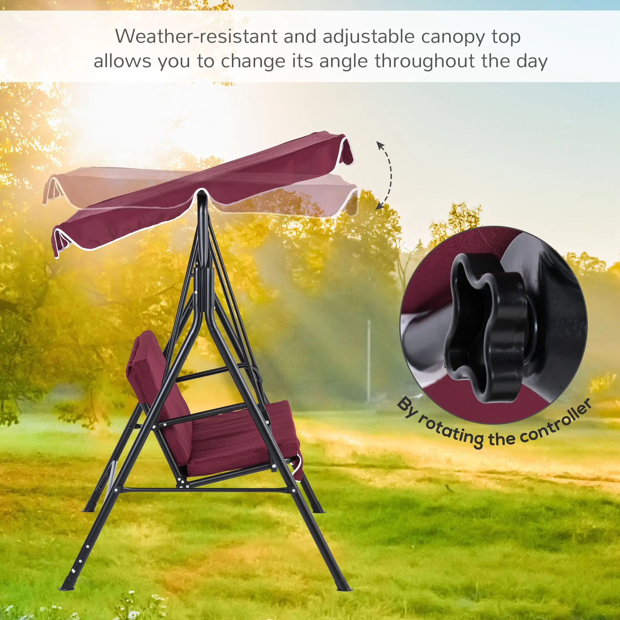 3-Seater Outdoor Porch Swing, Adjustable Canopy, Wine Red - Image 5