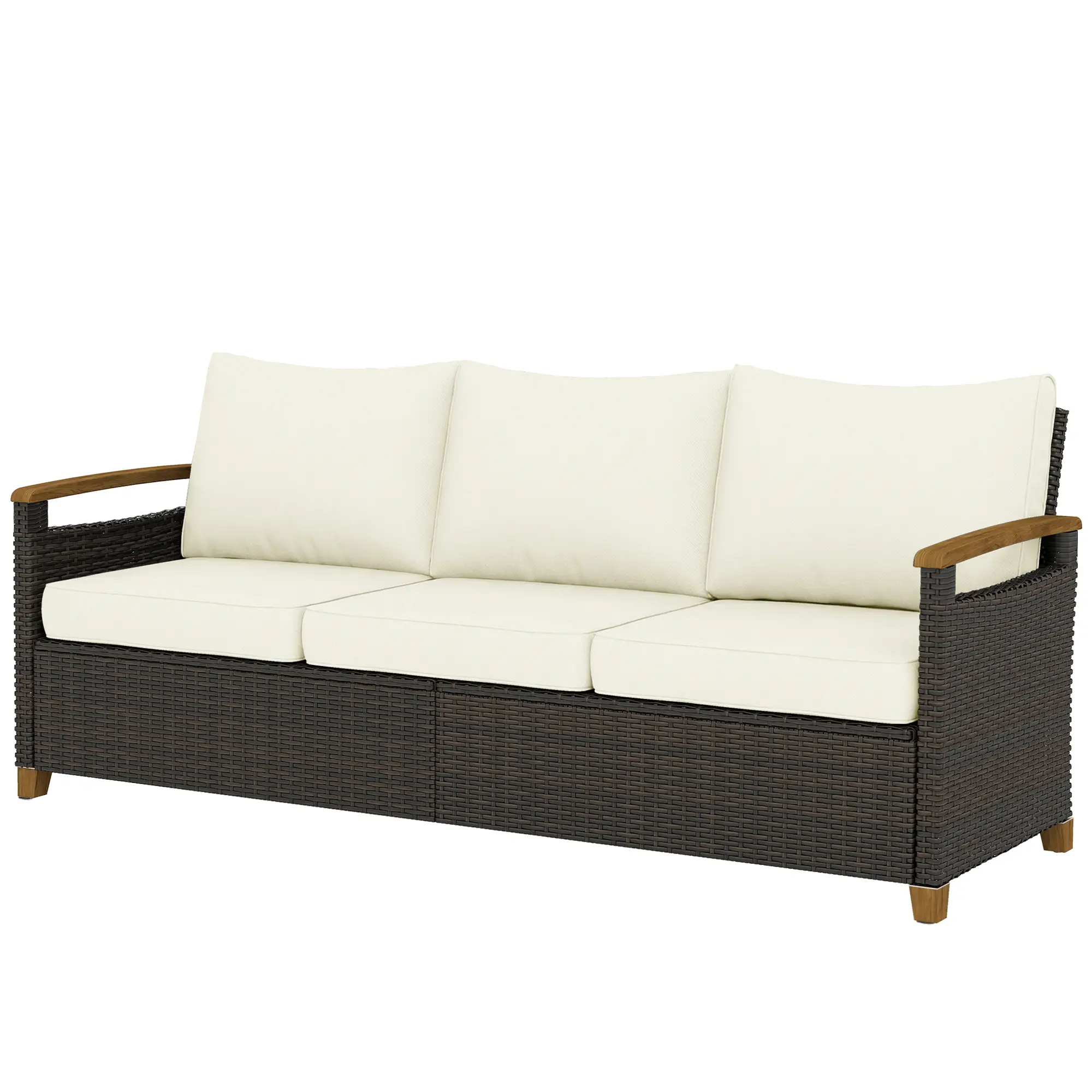 3 Seater Outdoor Sofa, PE Wicker Patio Furniture, 4" Cushions, Cream White