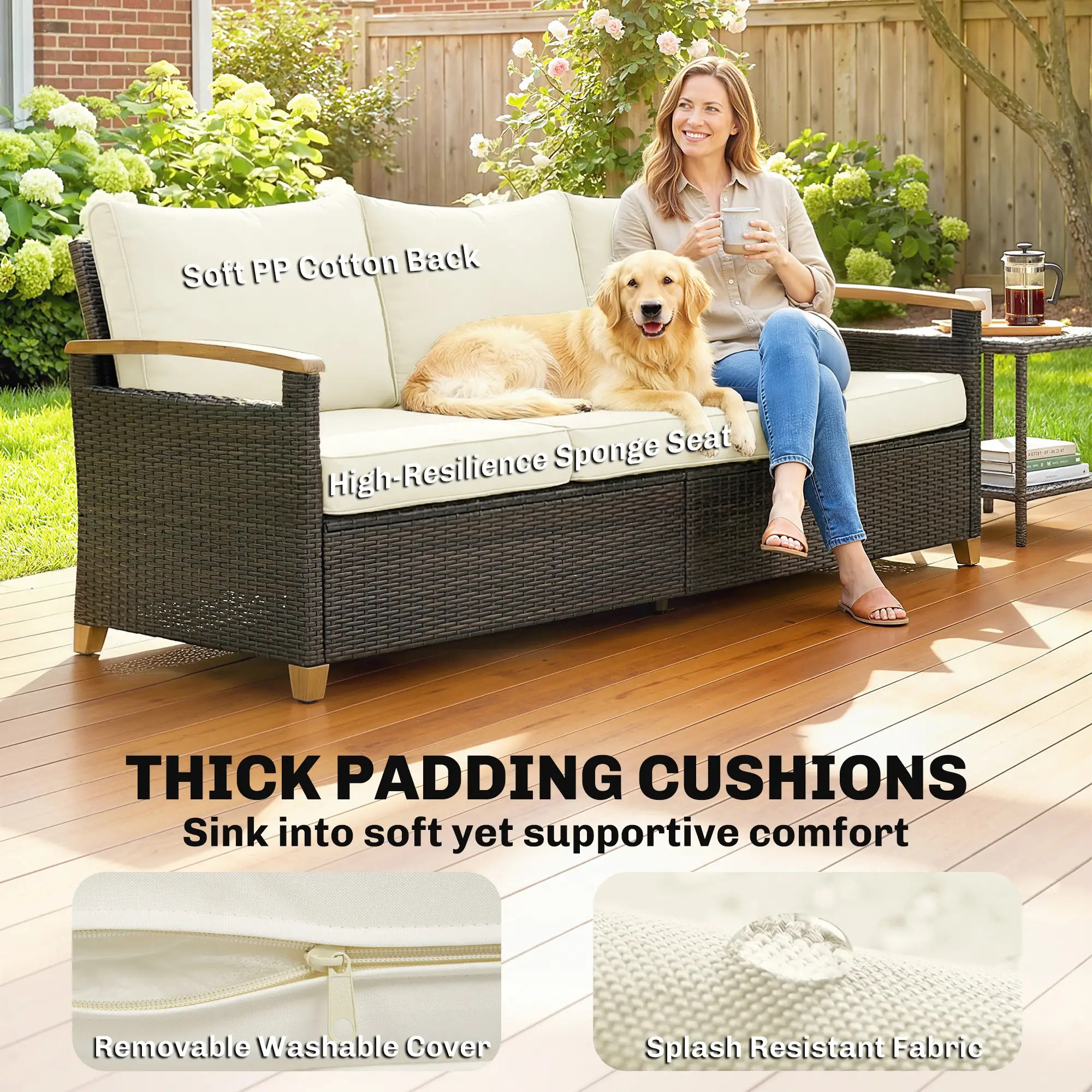 3 Seater Outdoor Sofa, PE Wicker Patio Furniture, 4" Cushions, Cream White - Image 4