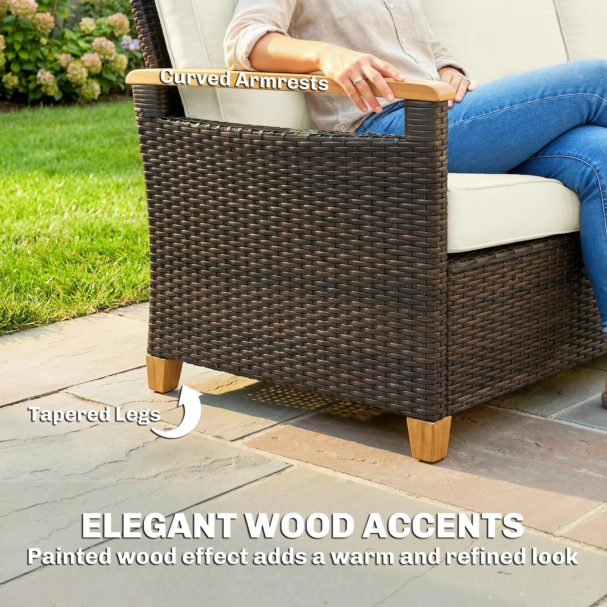 3 Seater Outdoor Sofa, PE Wicker Patio Furniture, 4" Cushions, Cream White - Image 9