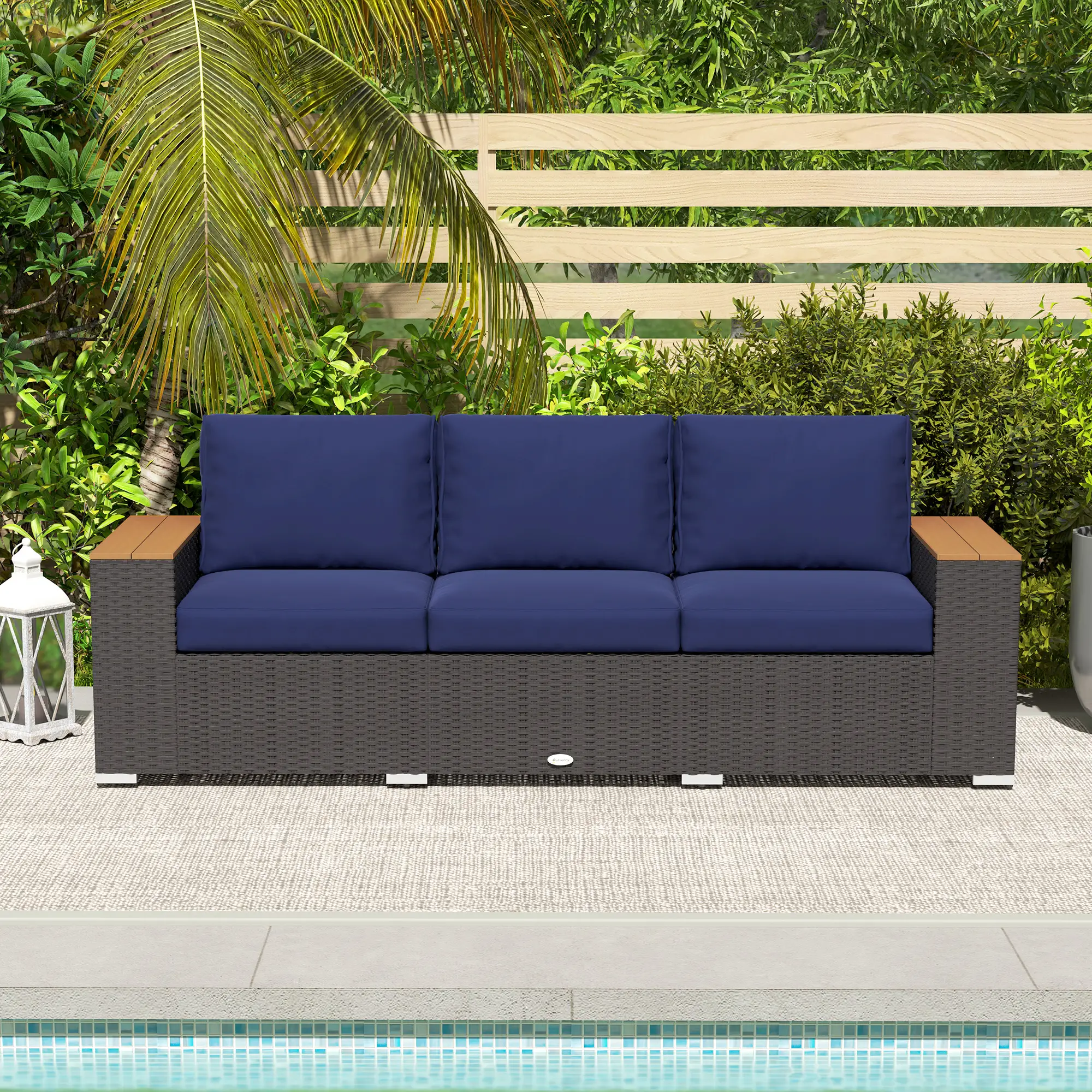 3-Seater Outdoor Sofa, PE Wicker Patio Sofa With Cushions, Dark Blue - Image 10