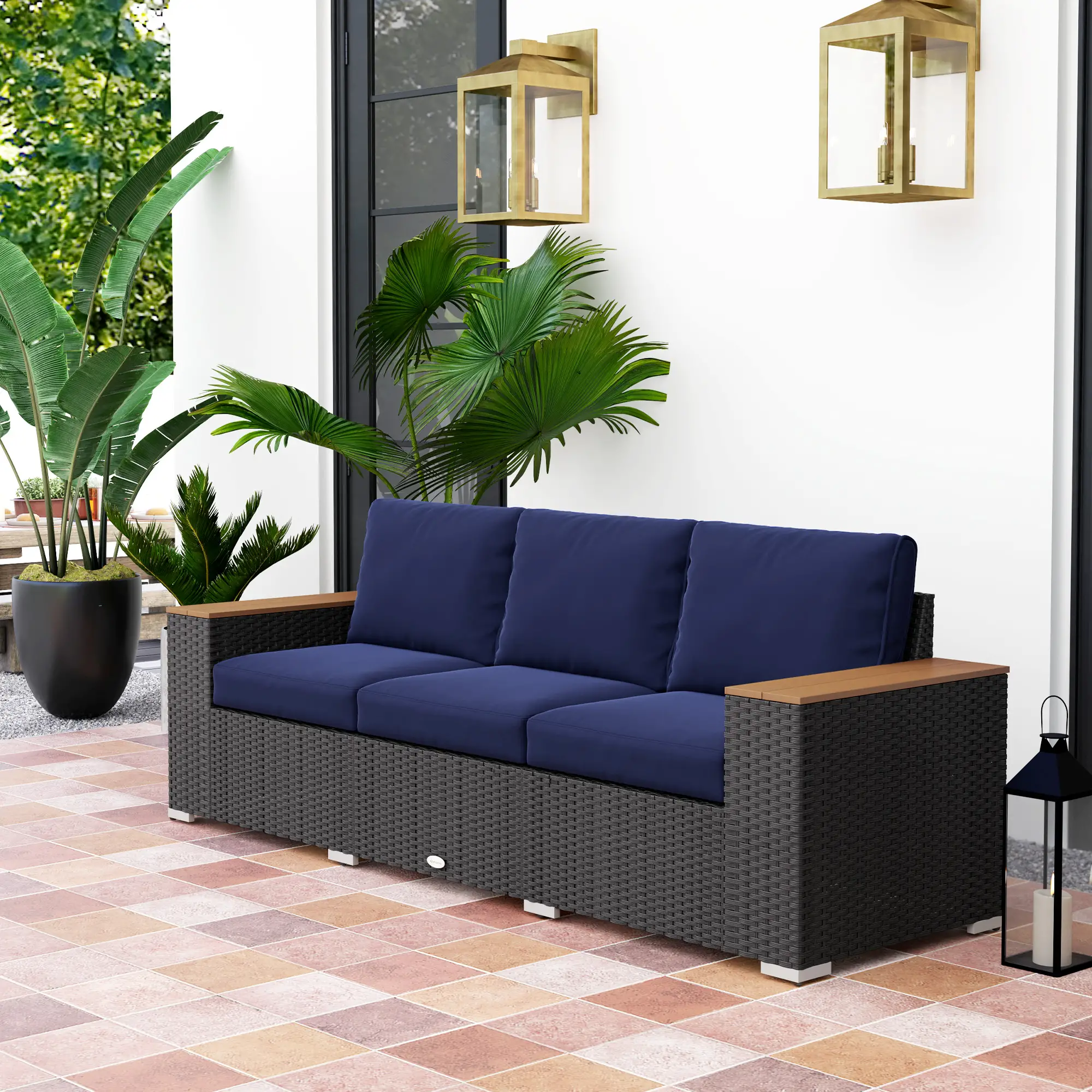 3-Seater Outdoor Sofa, PE Wicker Patio Sofa With Cushions, Dark Blue - Image 2