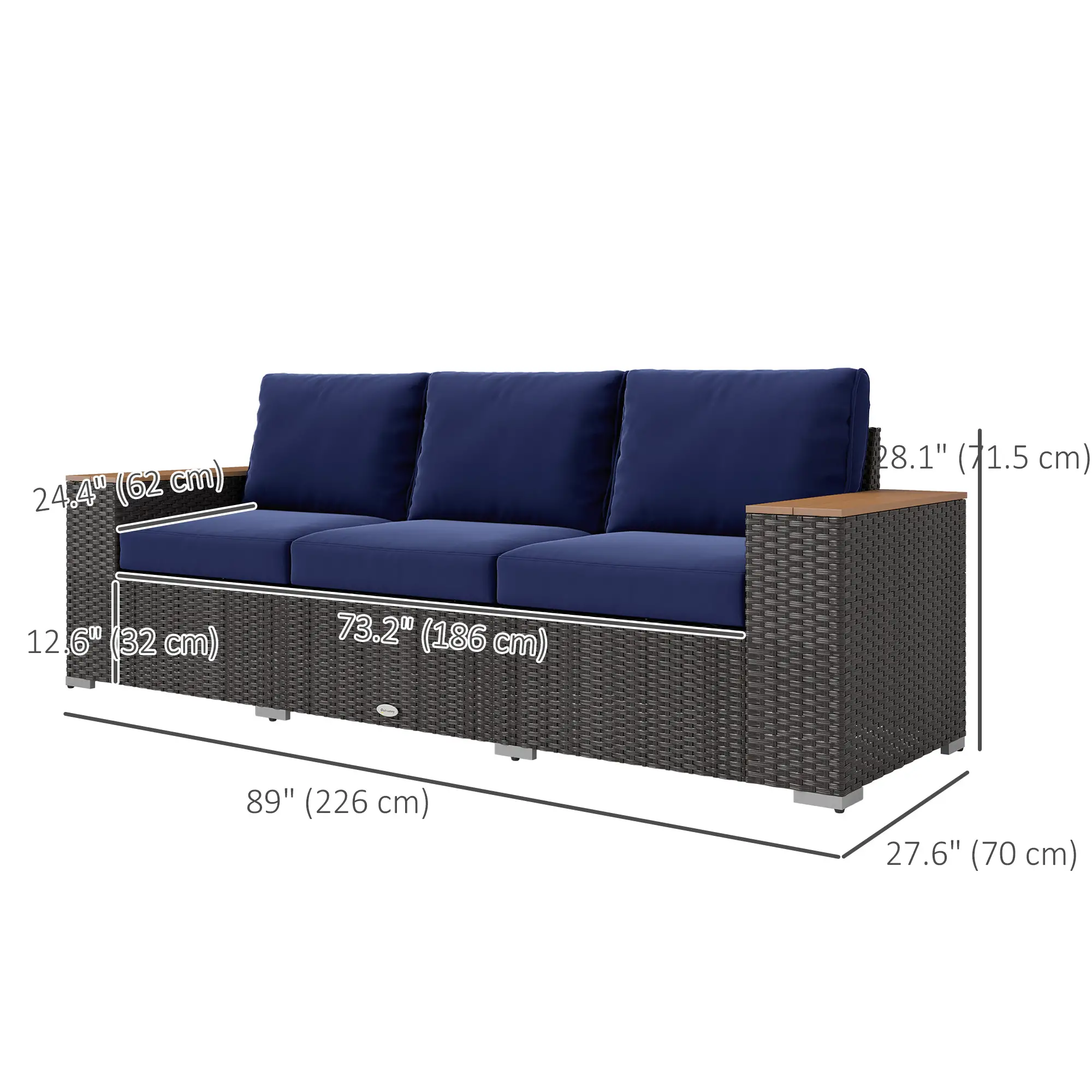 3-Seater Outdoor Sofa, PE Wicker Patio Sofa With Cushions, Dark Blue - Image 3