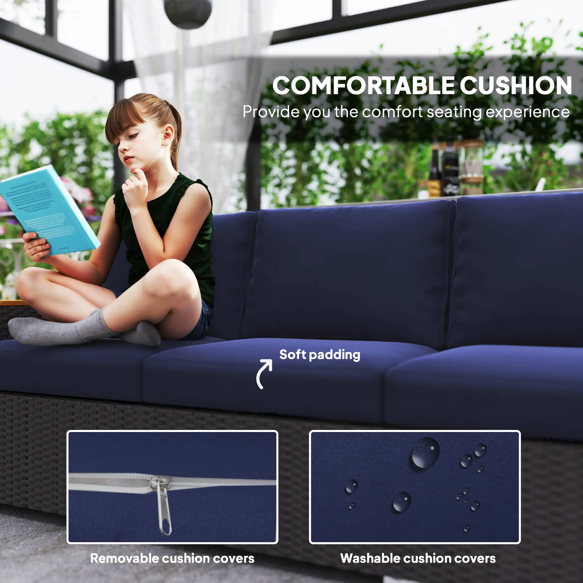 3-Seater Outdoor Sofa, PE Wicker Patio Sofa With Cushions, Dark Blue - Image 4