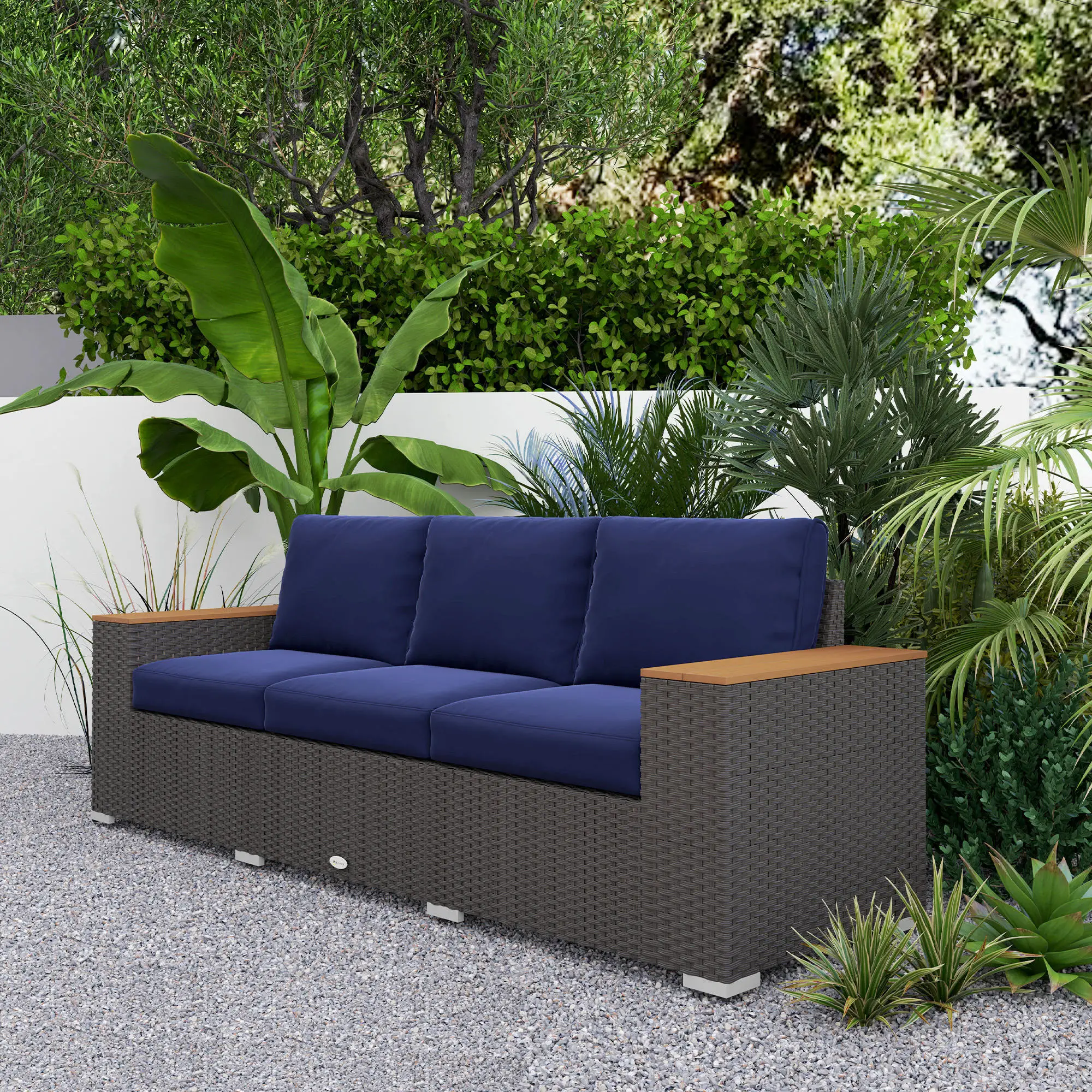 3-Seater Outdoor Sofa, PE Wicker Patio Sofa With Cushions, Dark Blue - Image 7