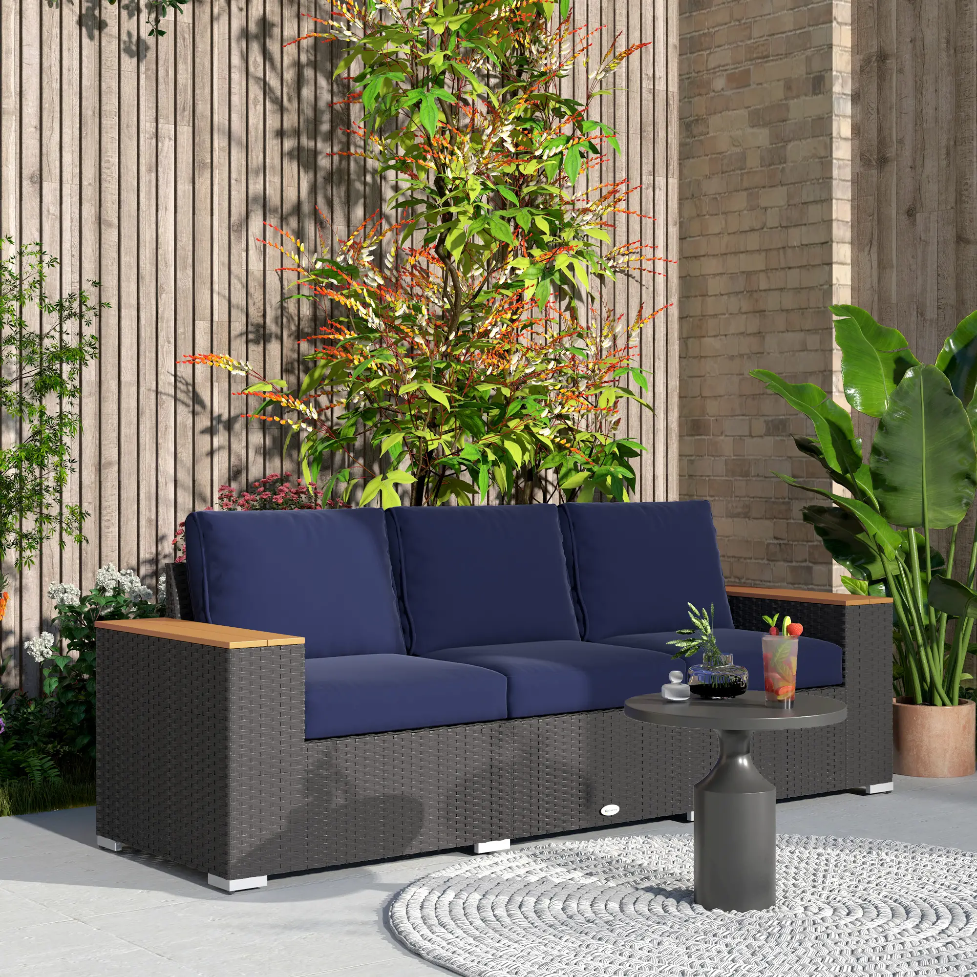 3-Seater Outdoor Sofa, PE Wicker Patio Sofa With Cushions, Dark Blue - Image 8