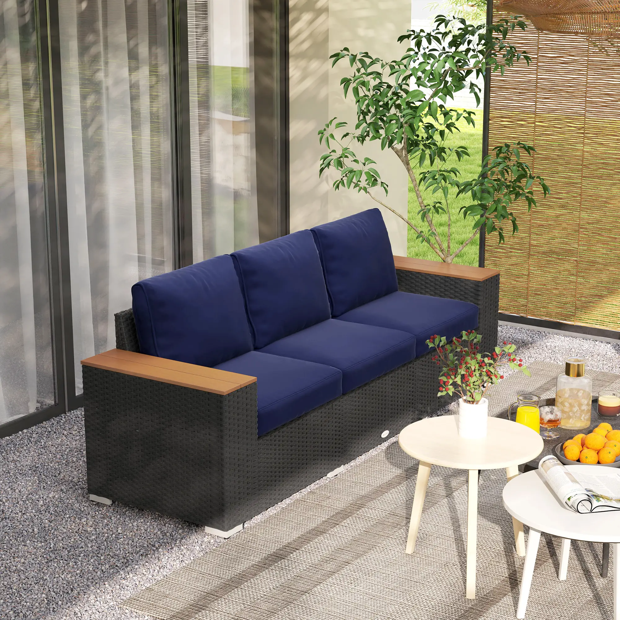 3-Seater Outdoor Sofa, PE Wicker Patio Sofa With Cushions, Dark Blue - Image 9