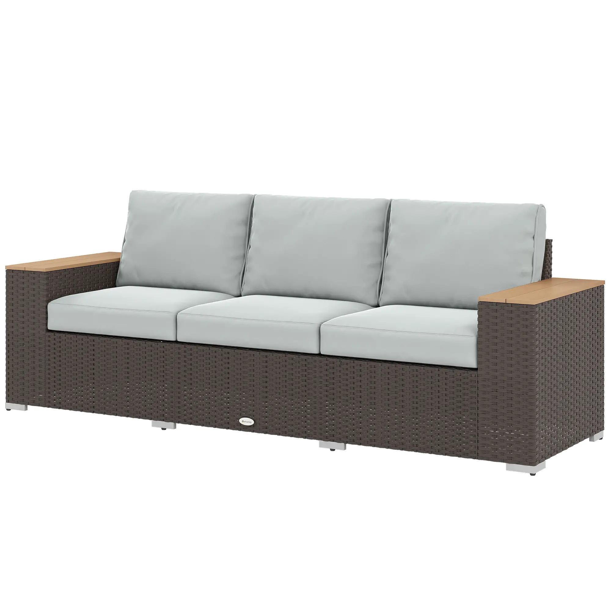 3-Seater Outdoor Sofa, Wicker Patio Couch With Wood Armrests, Grey