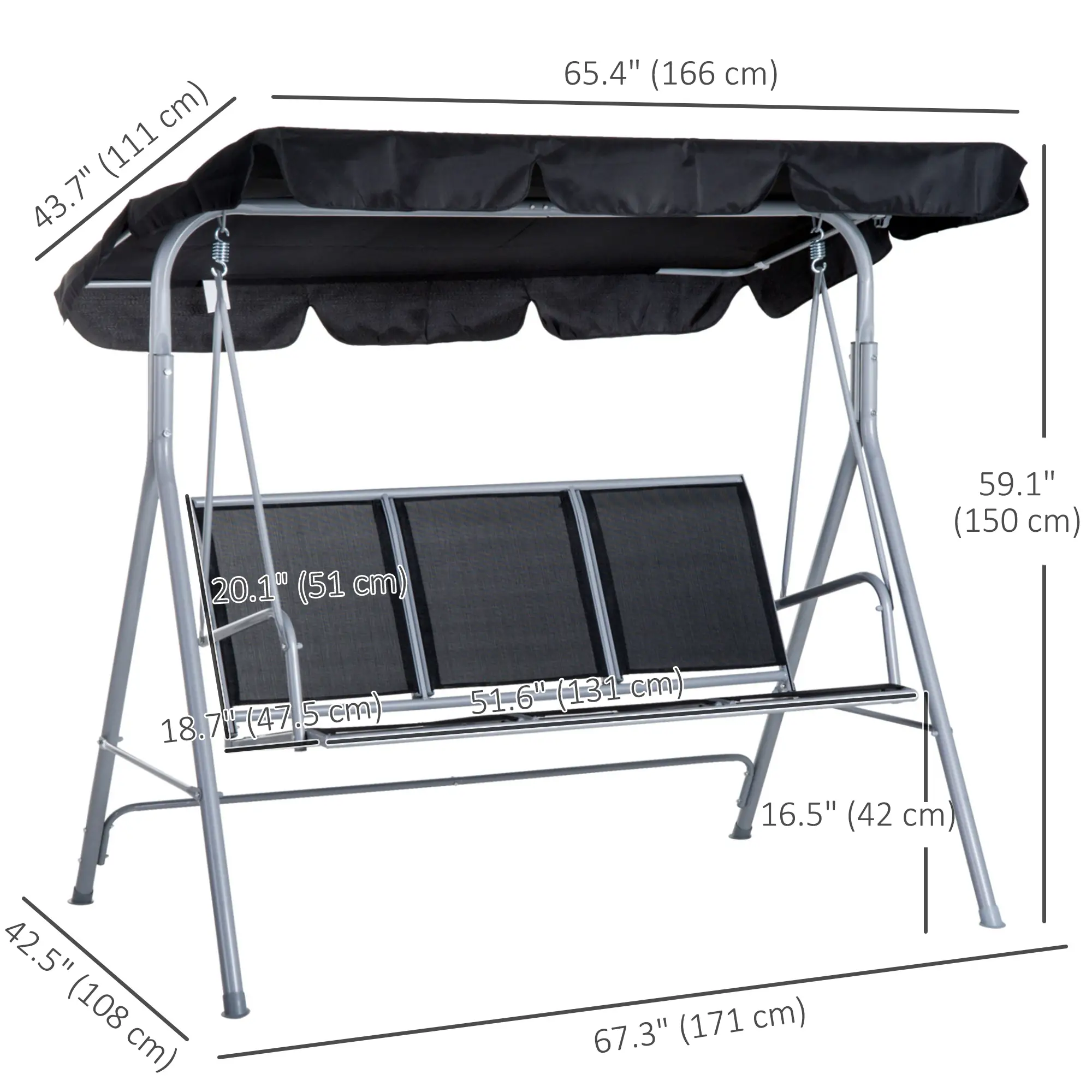 3-Seater Patio Swing, Outdoor Swing Chair, Black - Image 3