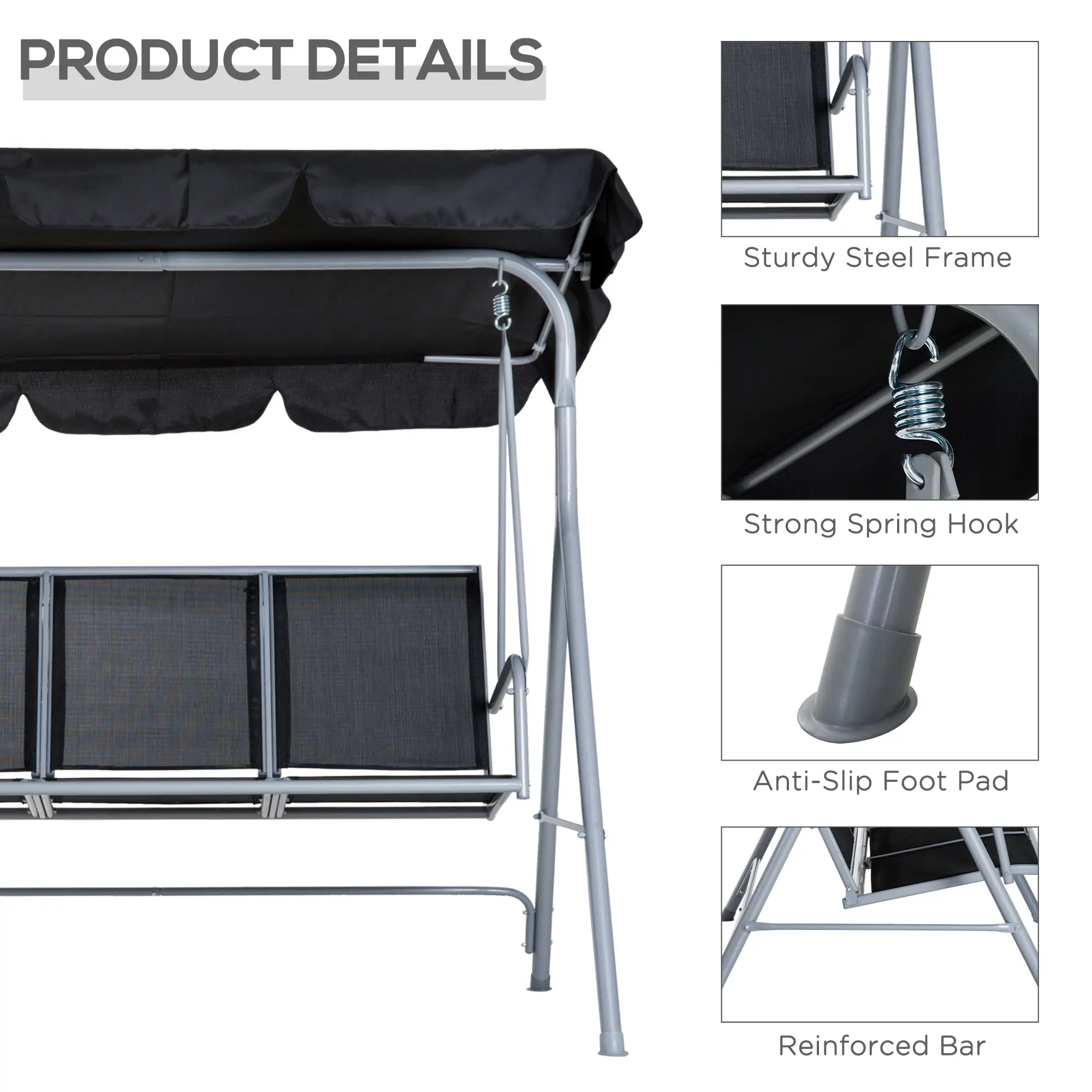 3-Seater Patio Swing, Outdoor Swing Chair, Black - Image 6
