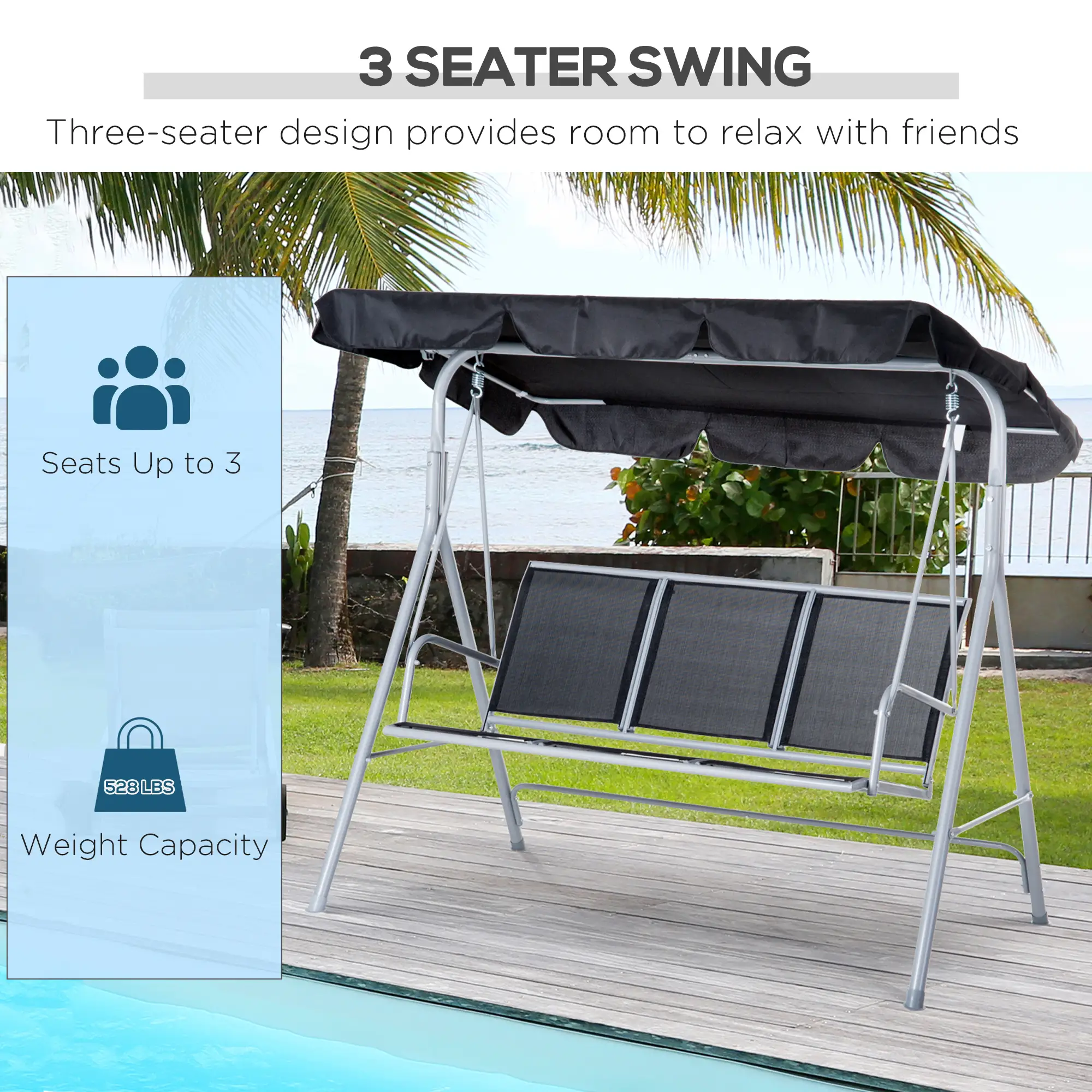 3-Seater Patio Swing, Outdoor Swing Chair, Black - Image 7