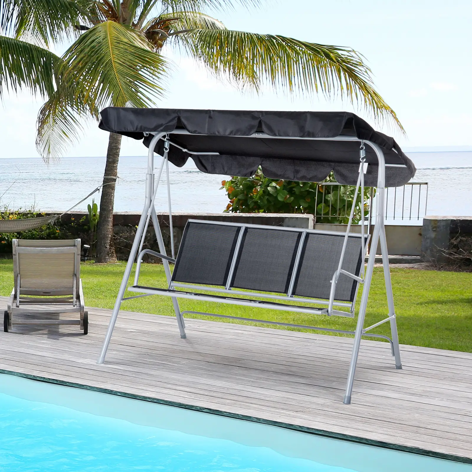 3-Seater Patio Swing, Outdoor Swing Chair, Black - Image 8