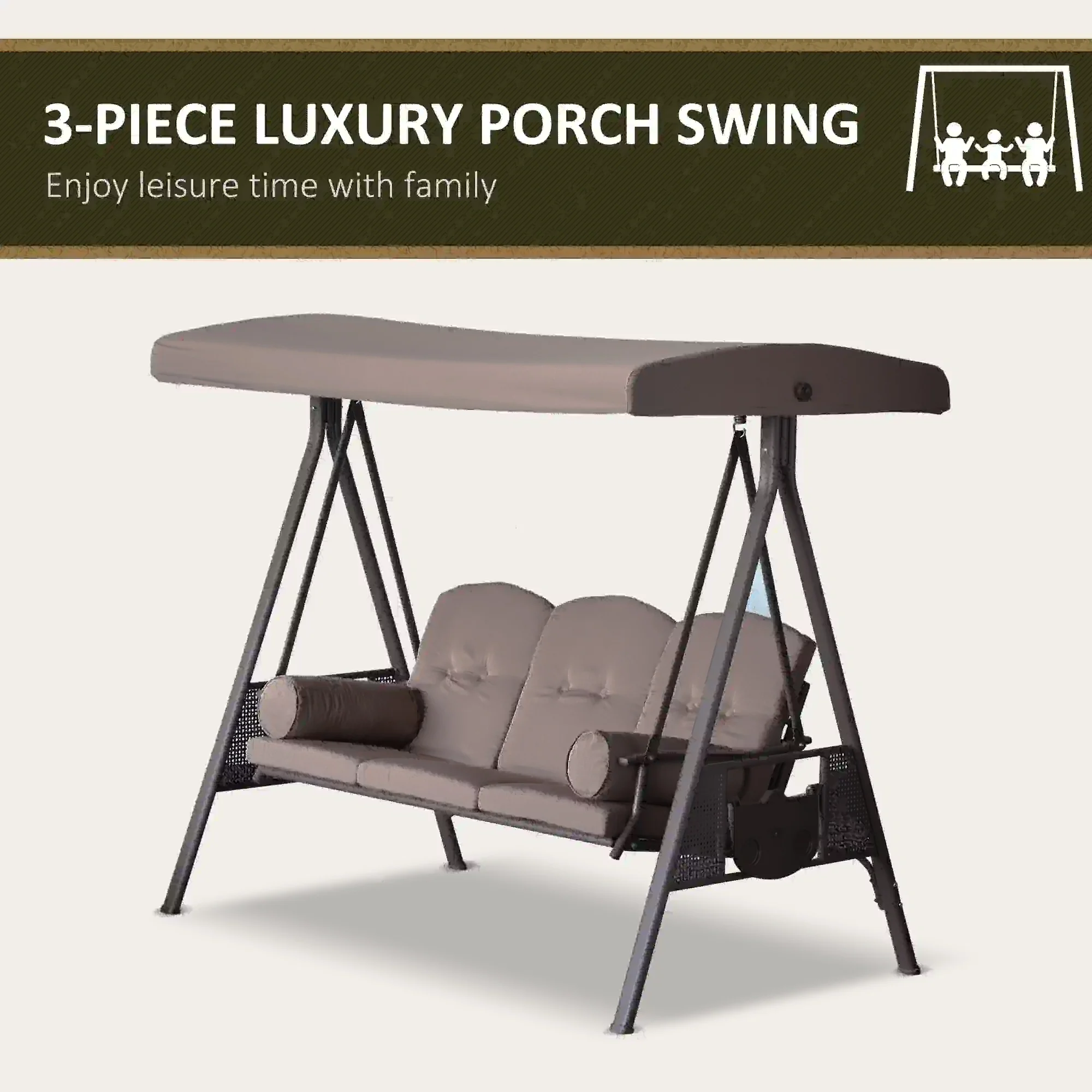 3 Seater Porch Swing, Heavy Duty, Outdoor Lounge Hammock, Brown - Image 7