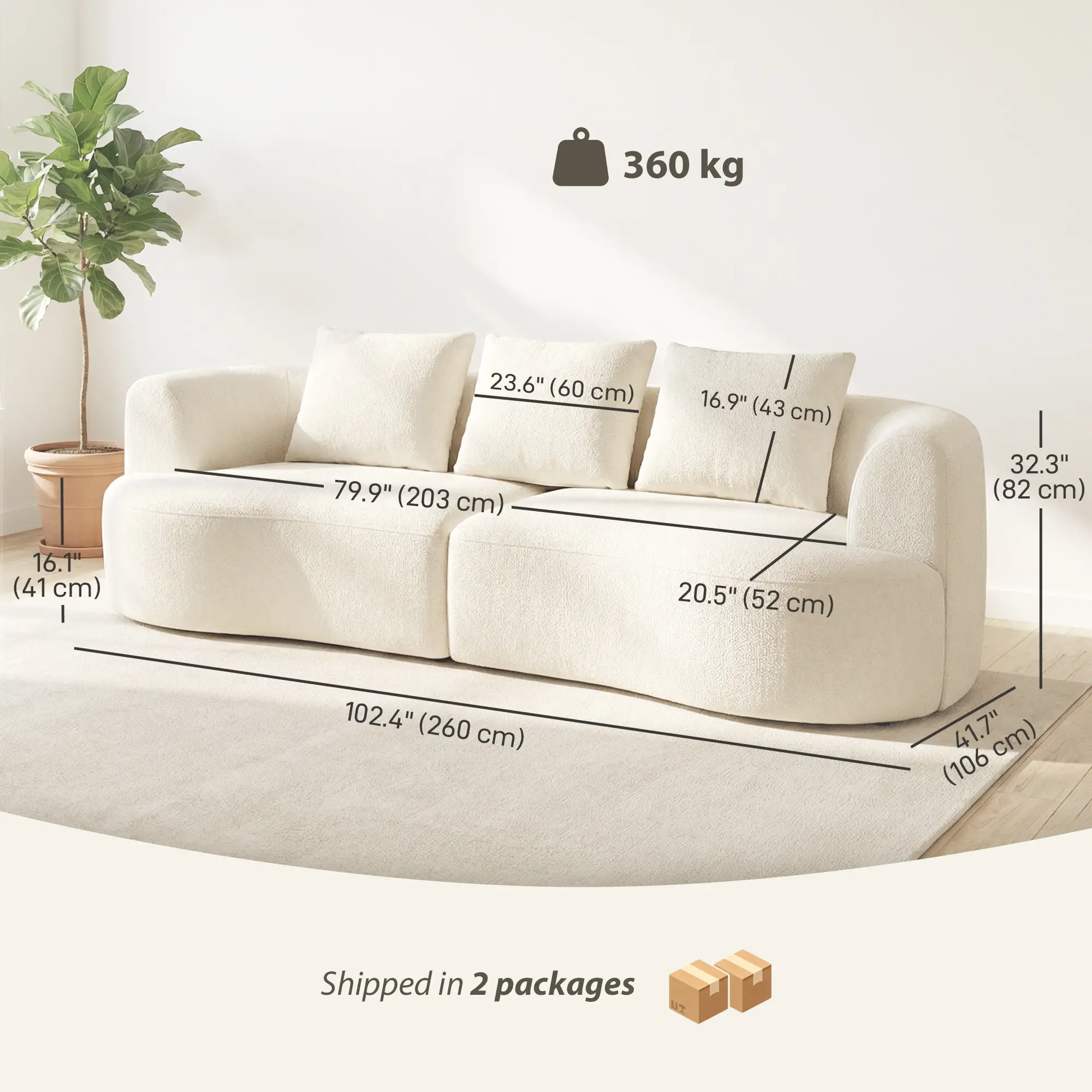 3 Seater Sofa, 102" Cream White, Chenille Couch With Spring Cushions, Cream White - Image 3