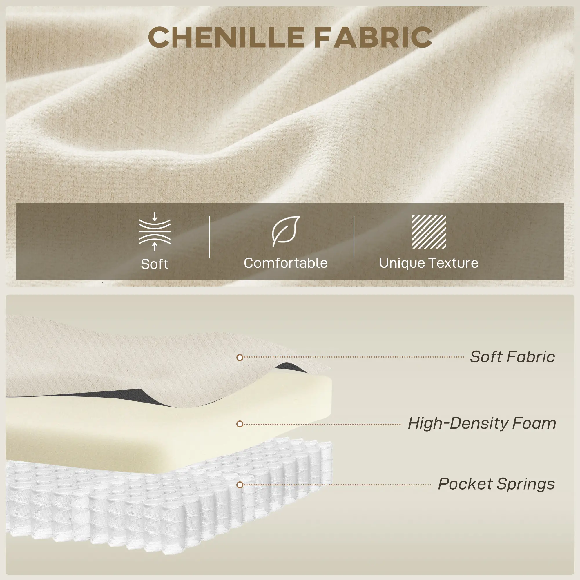 3 Seater Sofa, 102" Cream White, Chenille Couch With Spring Cushions, Cream White - Image 4