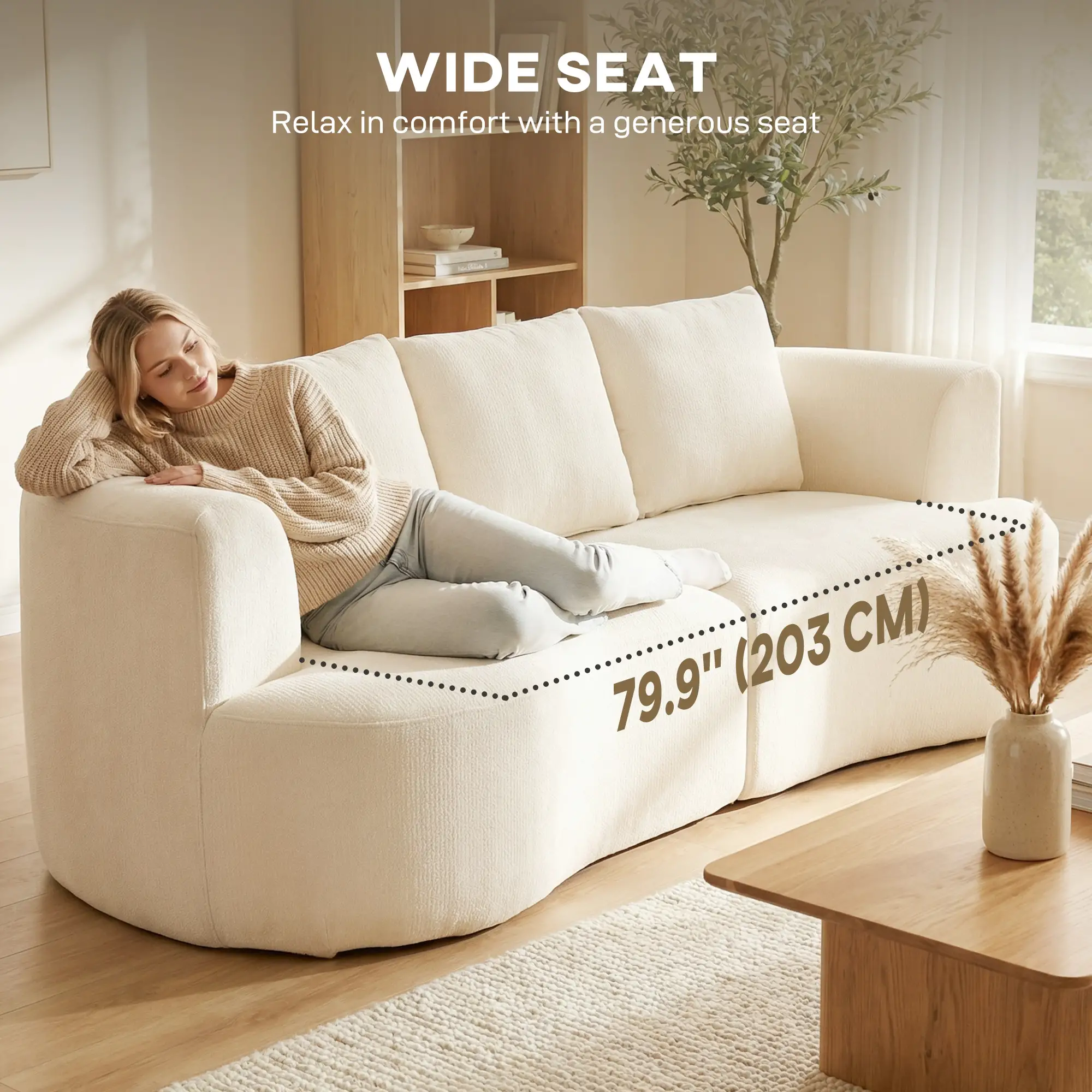 3 Seater Sofa, 102" Cream White, Chenille Couch With Spring Cushions, Cream White - Image 5