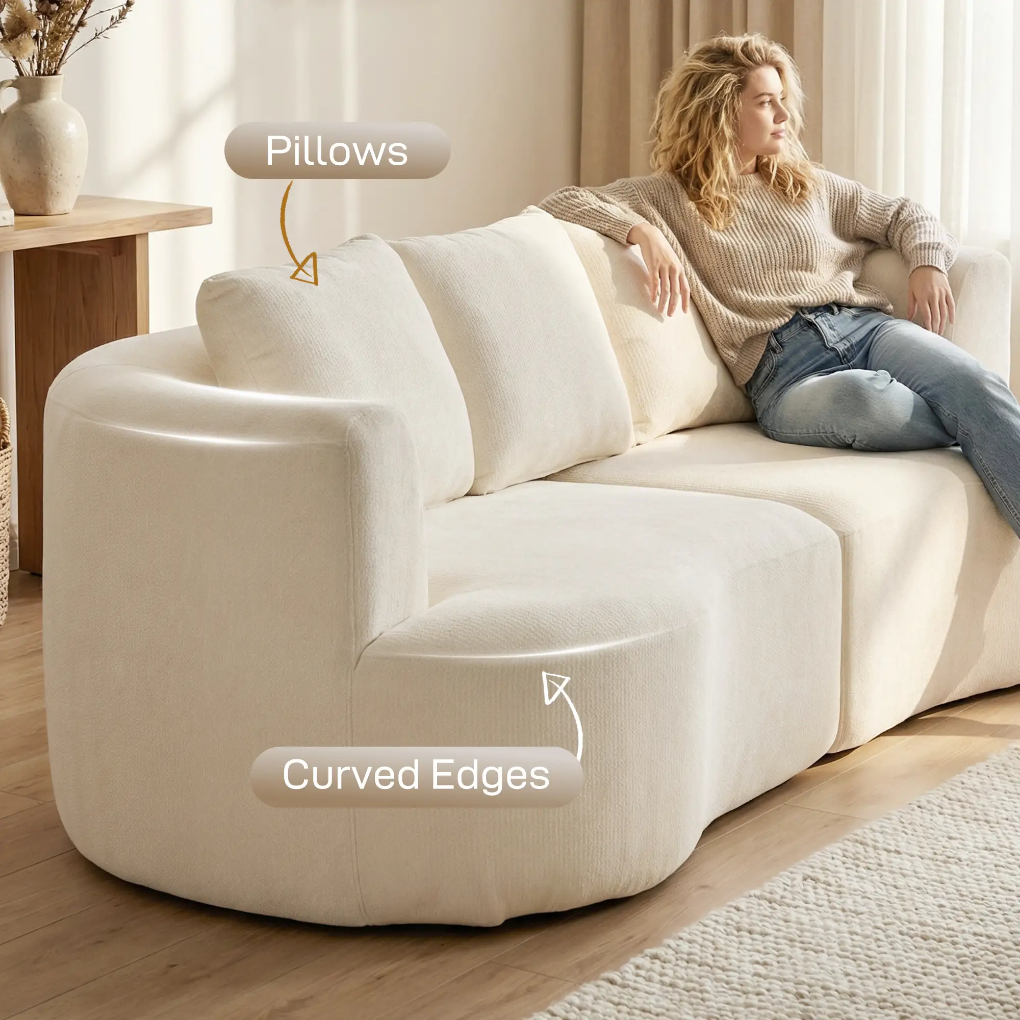 3 Seater Sofa, 102" Cream White, Chenille Couch With Spring Cushions, Cream White - Image 6