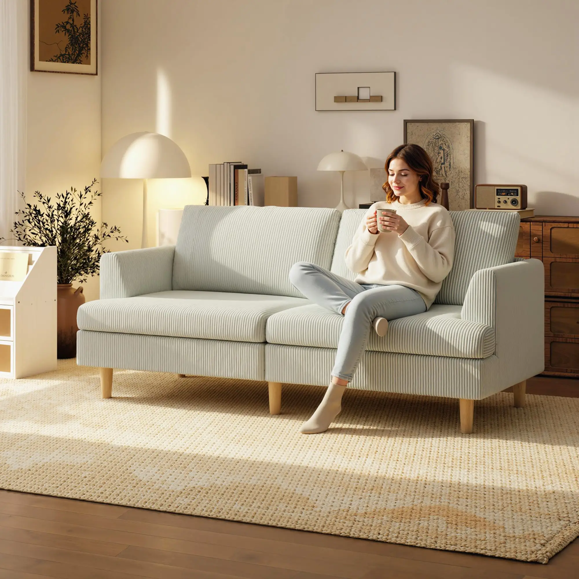 3 Seater Sofa, 74" Corduroy Couch, Solid Wood Legs, Beige - Image 2