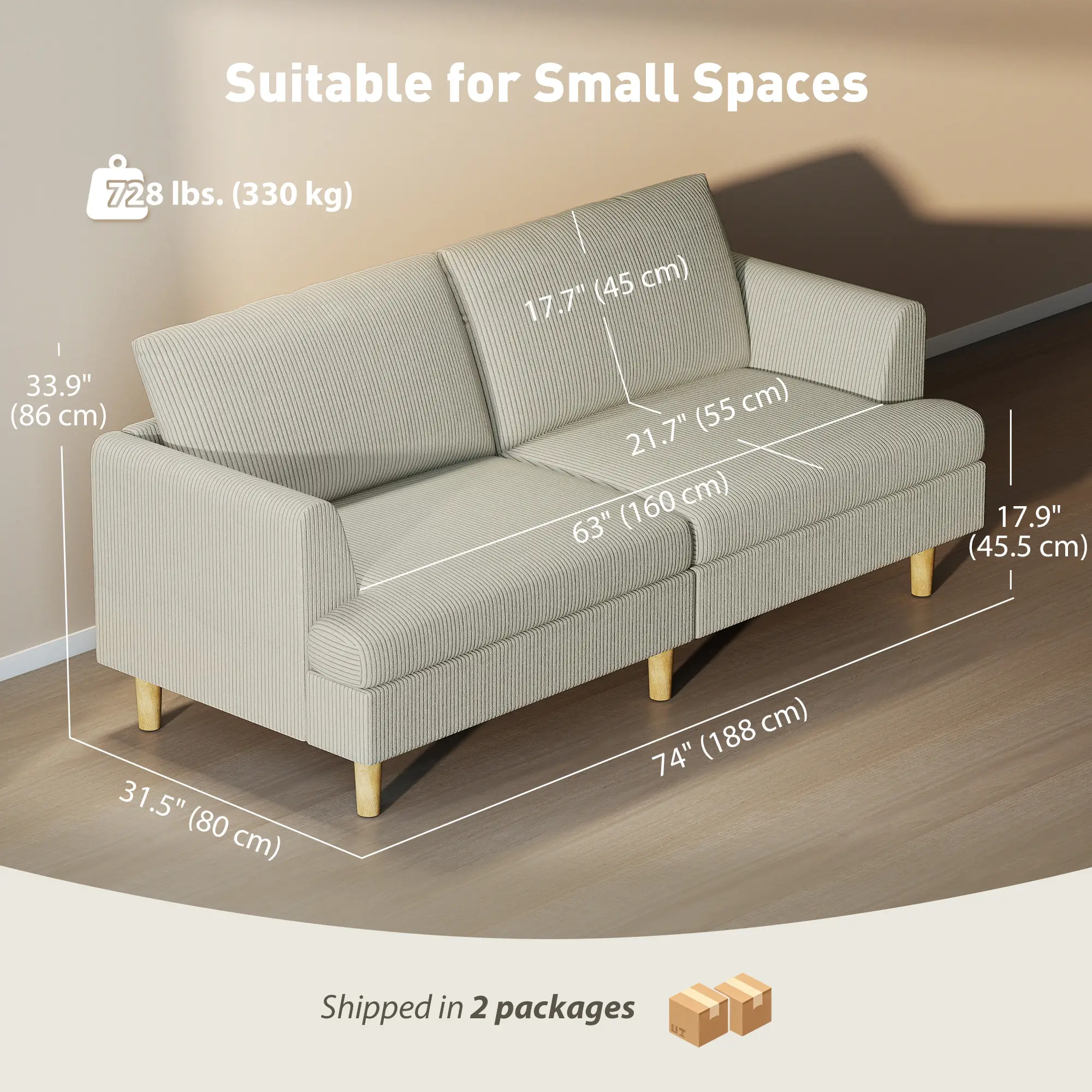 3 Seater Sofa, 74" Corduroy Couch, Solid Wood Legs, Beige - Image 3
