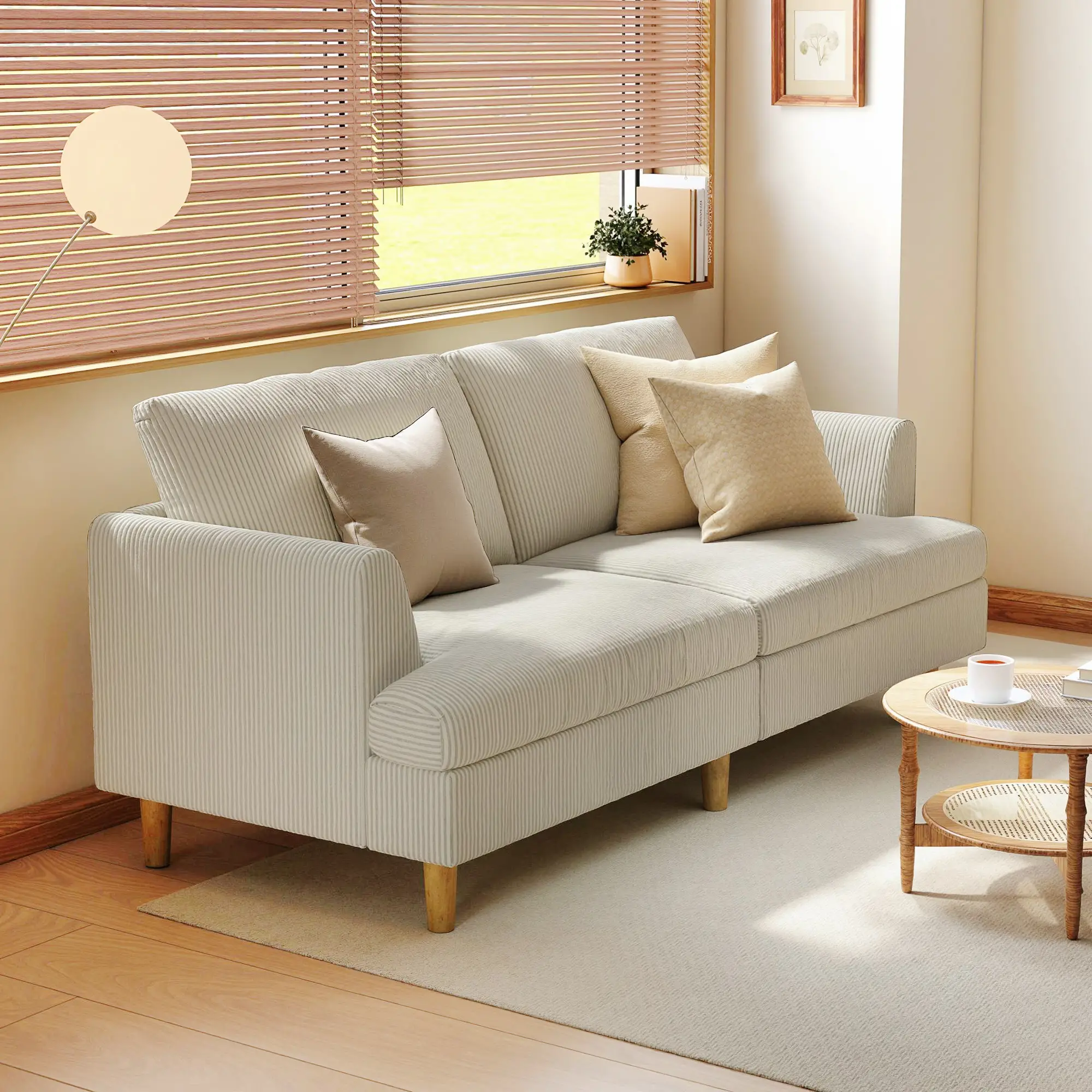 3 Seater Sofa, 74" Corduroy Couch, Solid Wood Legs, Beige - Image 8