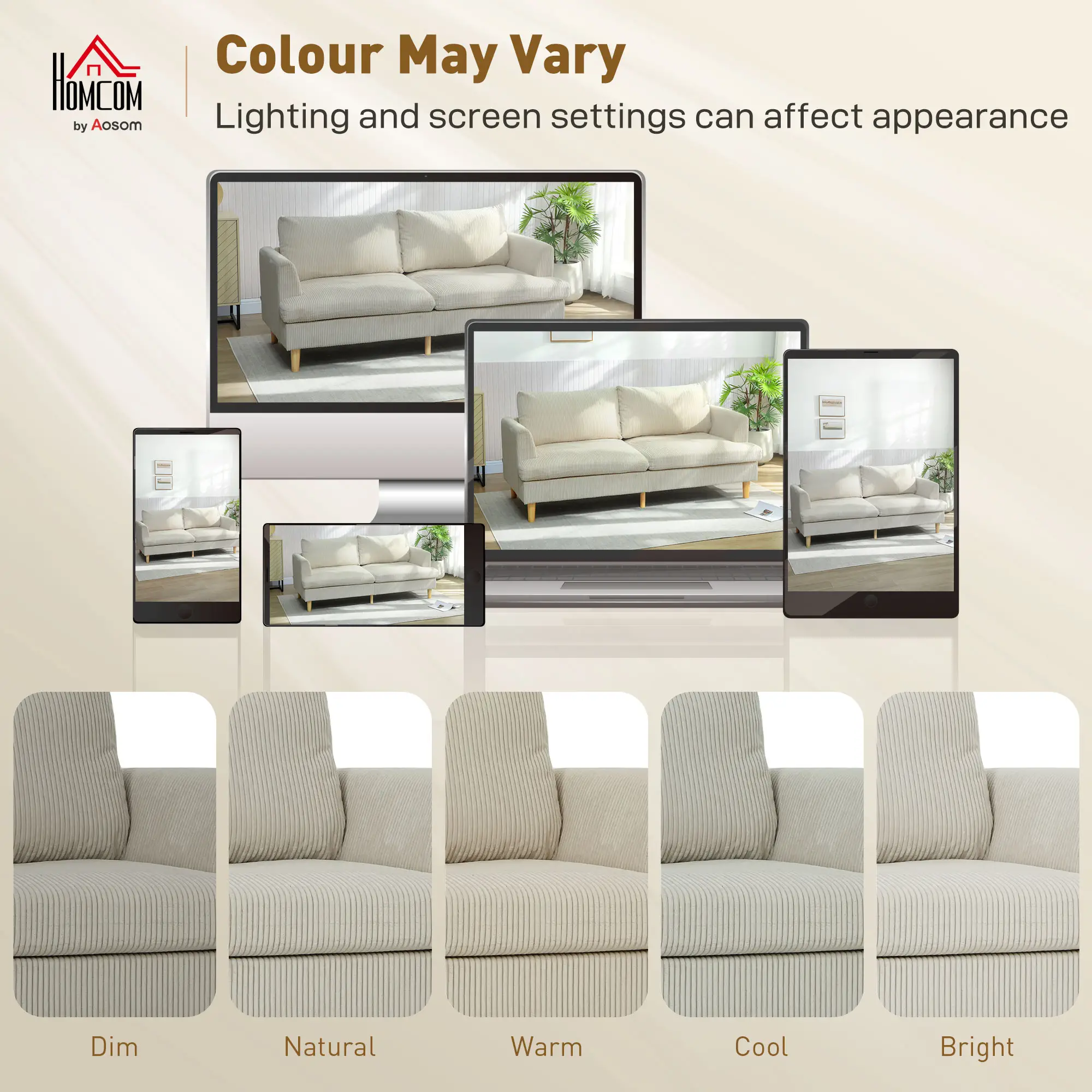 3 Seater Sofa, 74" Corduroy Couch, Solid Wood Legs, Beige - Image 9