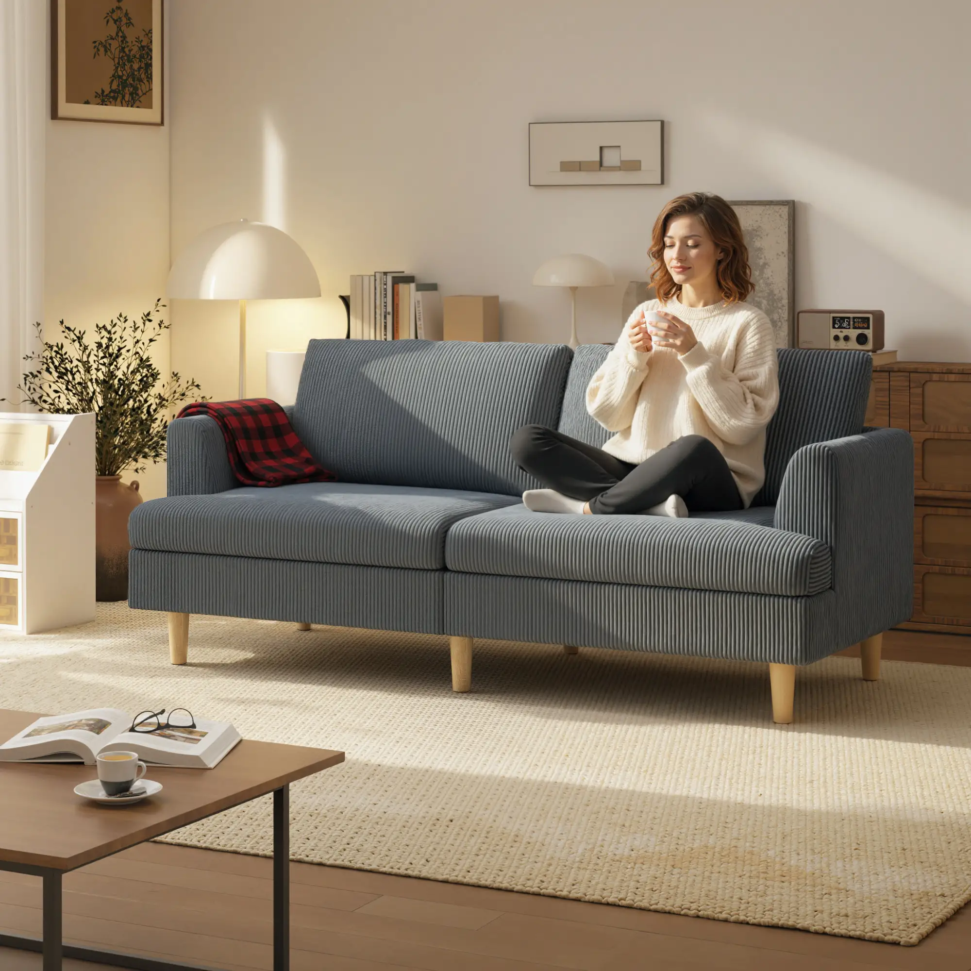 3 Seater Sofa, 74" Corduroy Couch, Solid Wood Legs, Dark Grey - Image 2