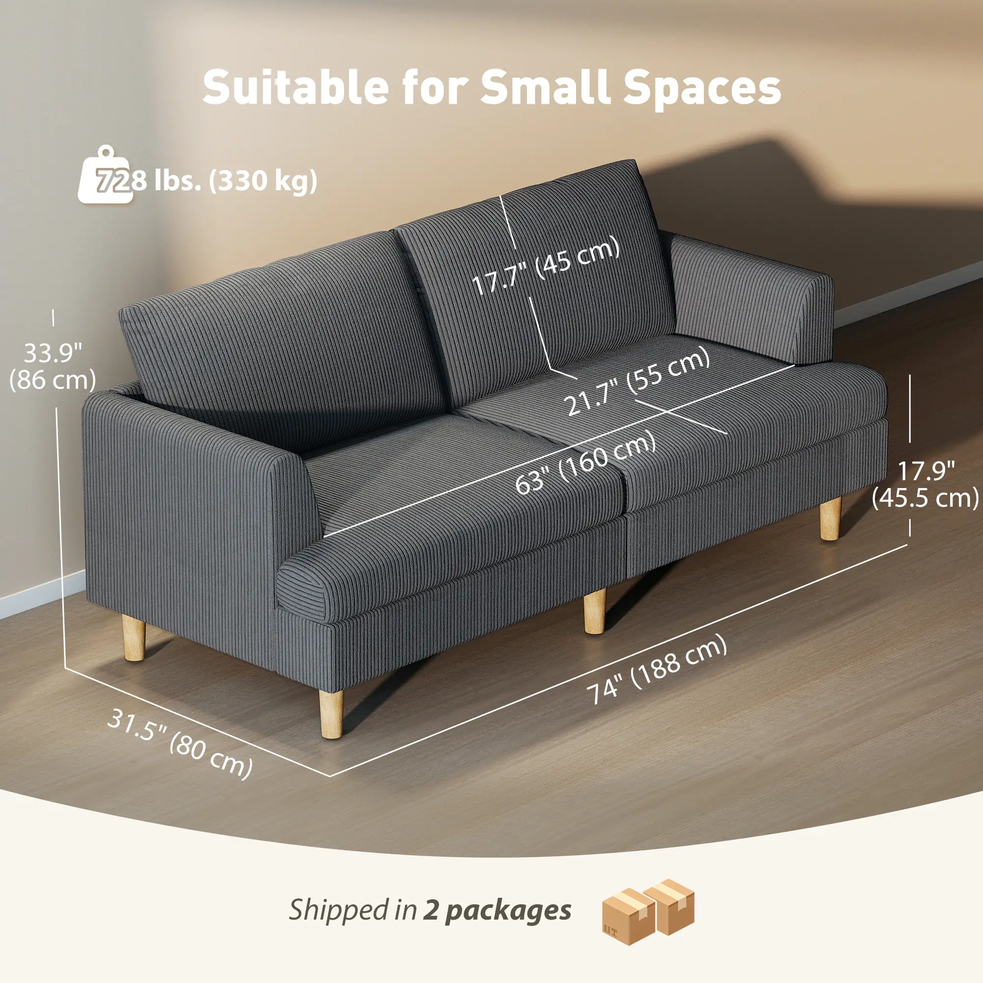 3 Seater Sofa, 74" Corduroy Couch, Solid Wood Legs, Dark Grey - Image 3