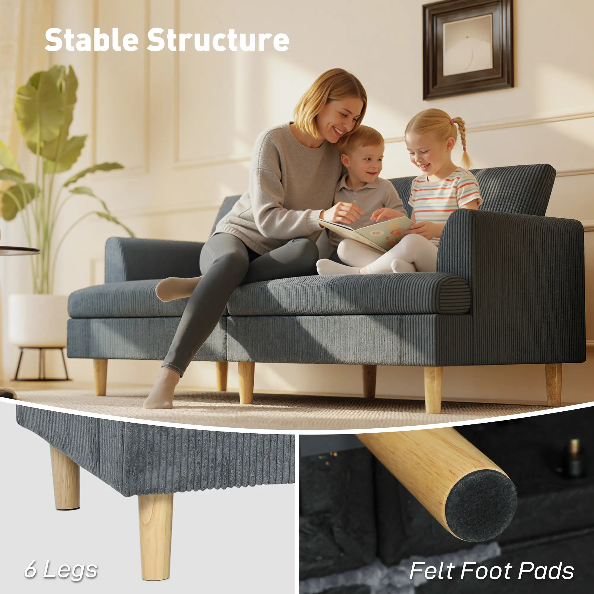 3 Seater Sofa, 74" Corduroy Couch, Solid Wood Legs, Dark Grey - Image 6
