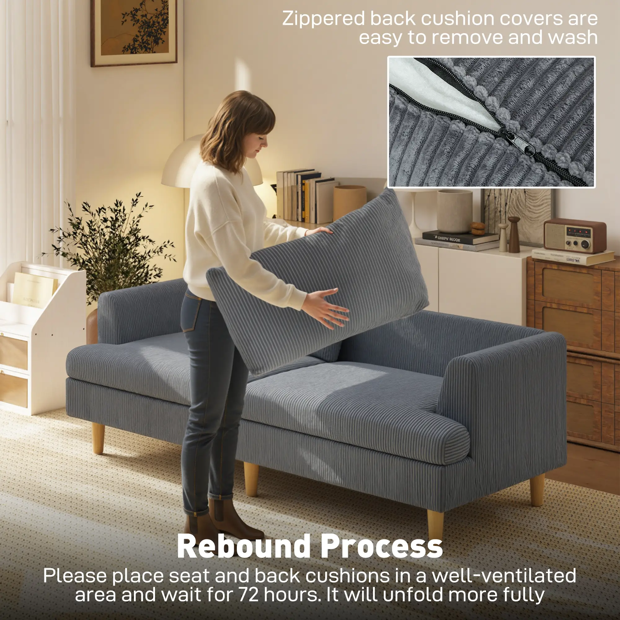 3 Seater Sofa, 74" Corduroy Couch, Solid Wood Legs, Dark Grey - Image 7
