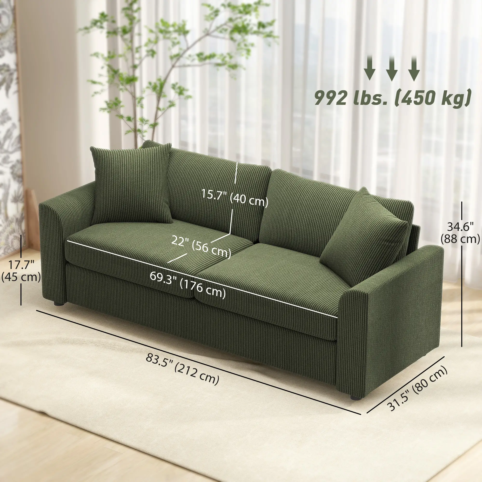 3 Seater Sofa, 83.5" Upholstered Couch, Pocket Spring, 2 Cushions, Green - Image 3