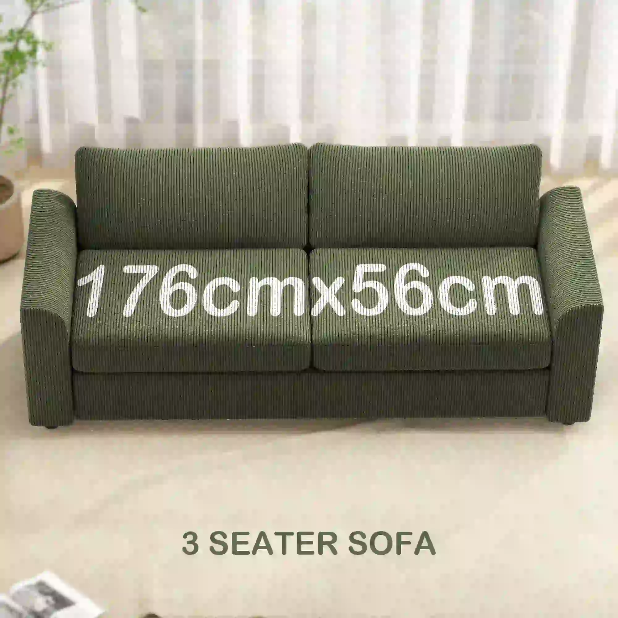 3 Seater Sofa, 83.5" Upholstered Couch, Pocket Spring, 2 Cushions, Green - Image 4