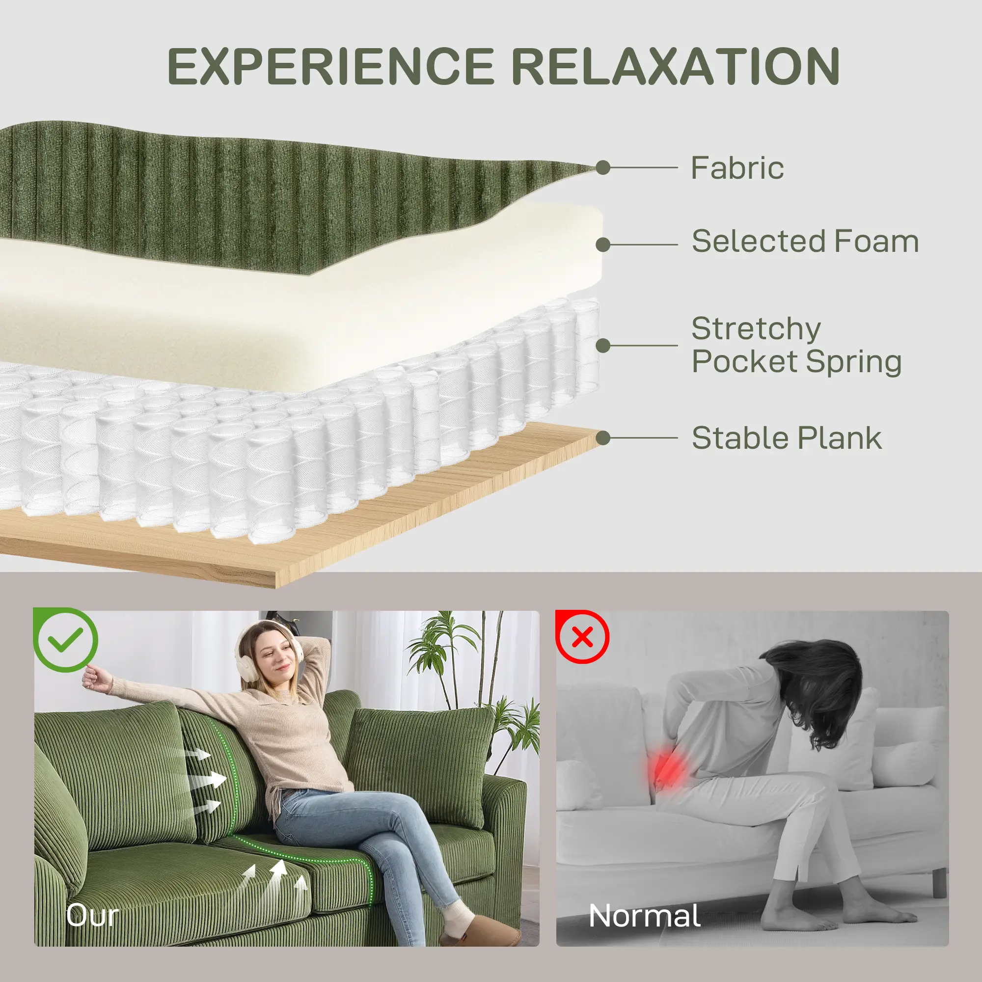 3 Seater Sofa, 83.5" Upholstered Couch, Pocket Spring, 2 Cushions, Green - Image 5