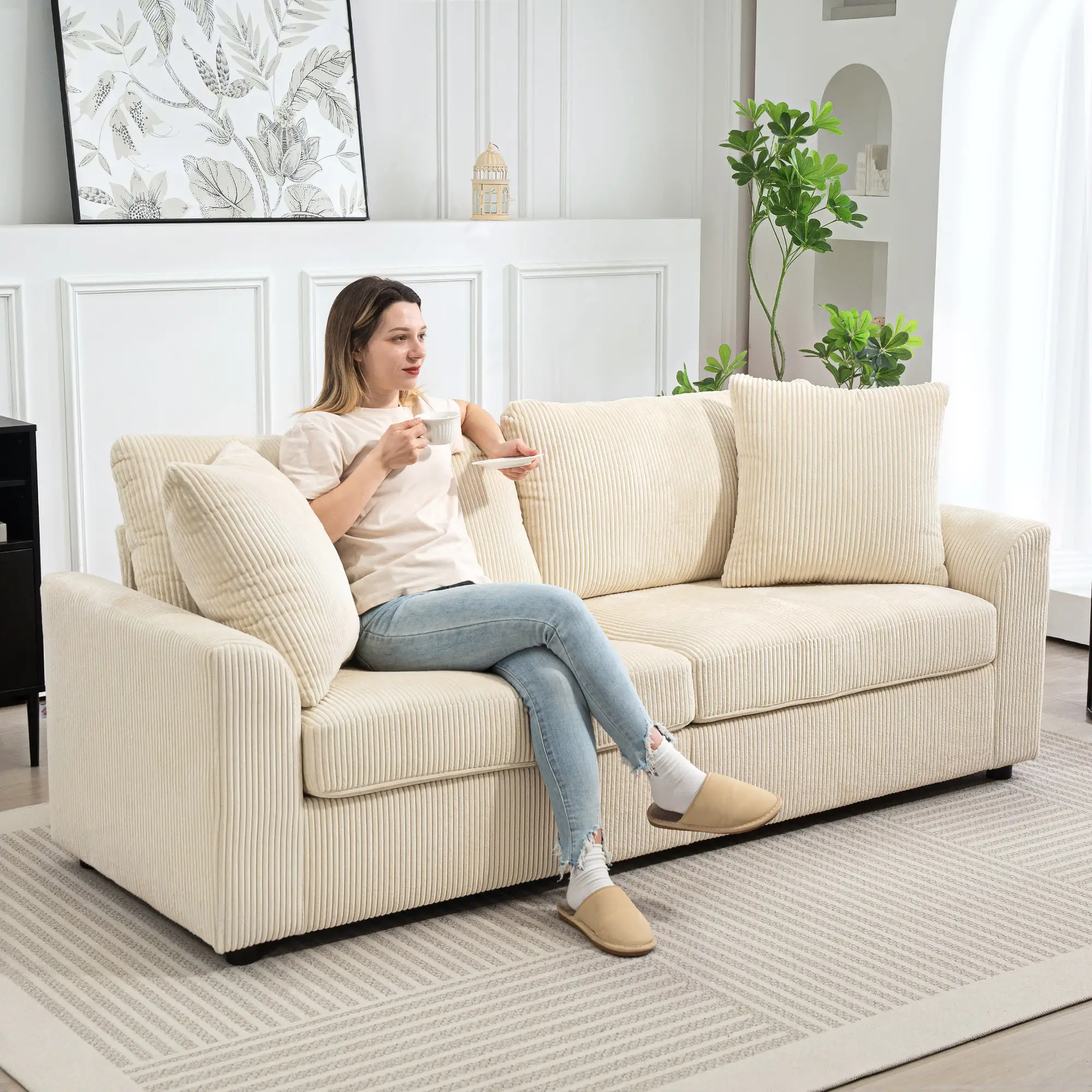 3 Seater Sofa, 83.5" Upholstered Couch, Pocket Spring, Cream White - Image 2