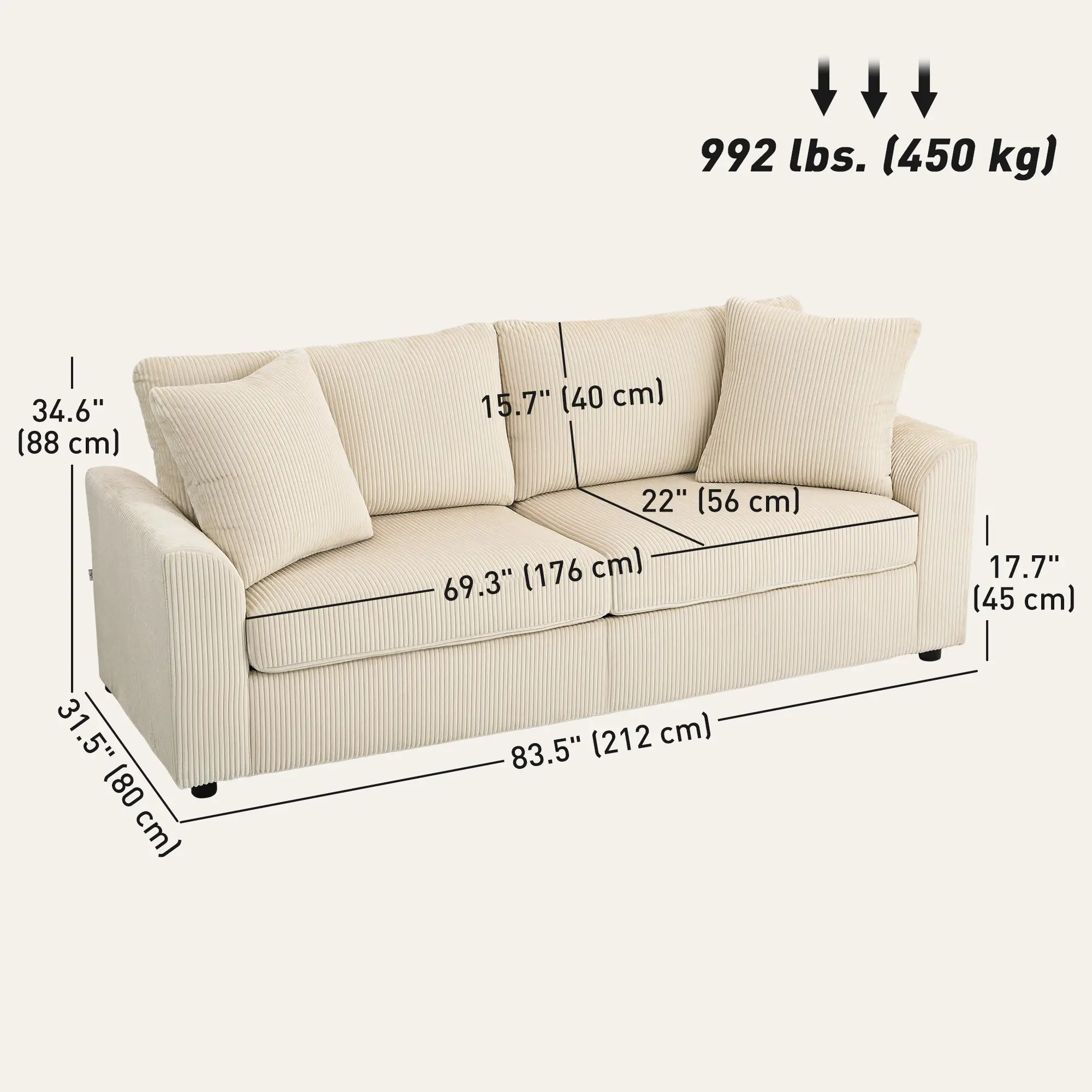 3 Seater Sofa, 83.5" Upholstered Couch, Pocket Spring, Cream White - Image 3