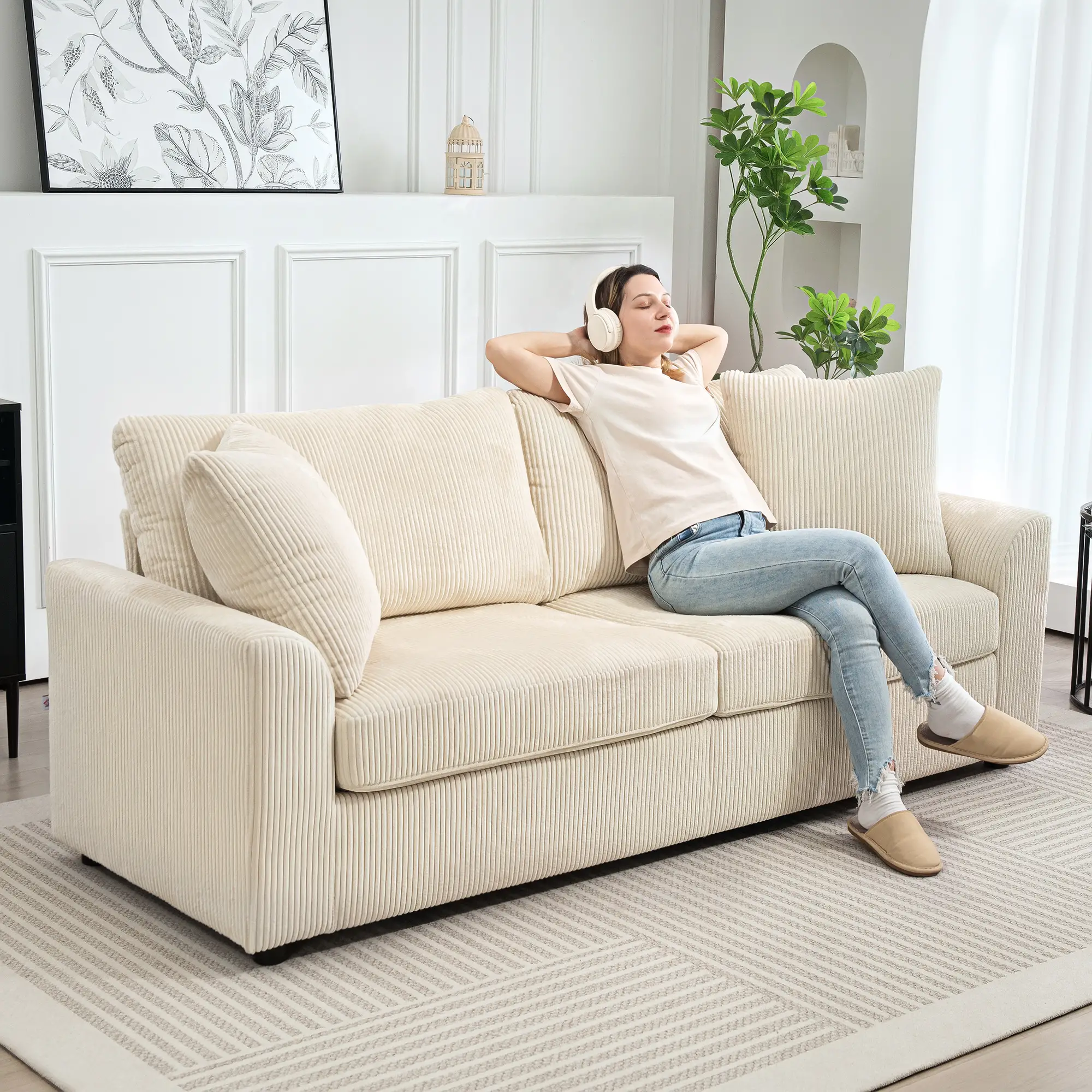 3 Seater Sofa, 83.5" Upholstered Couch, Pocket Spring, Cream White - Image 7