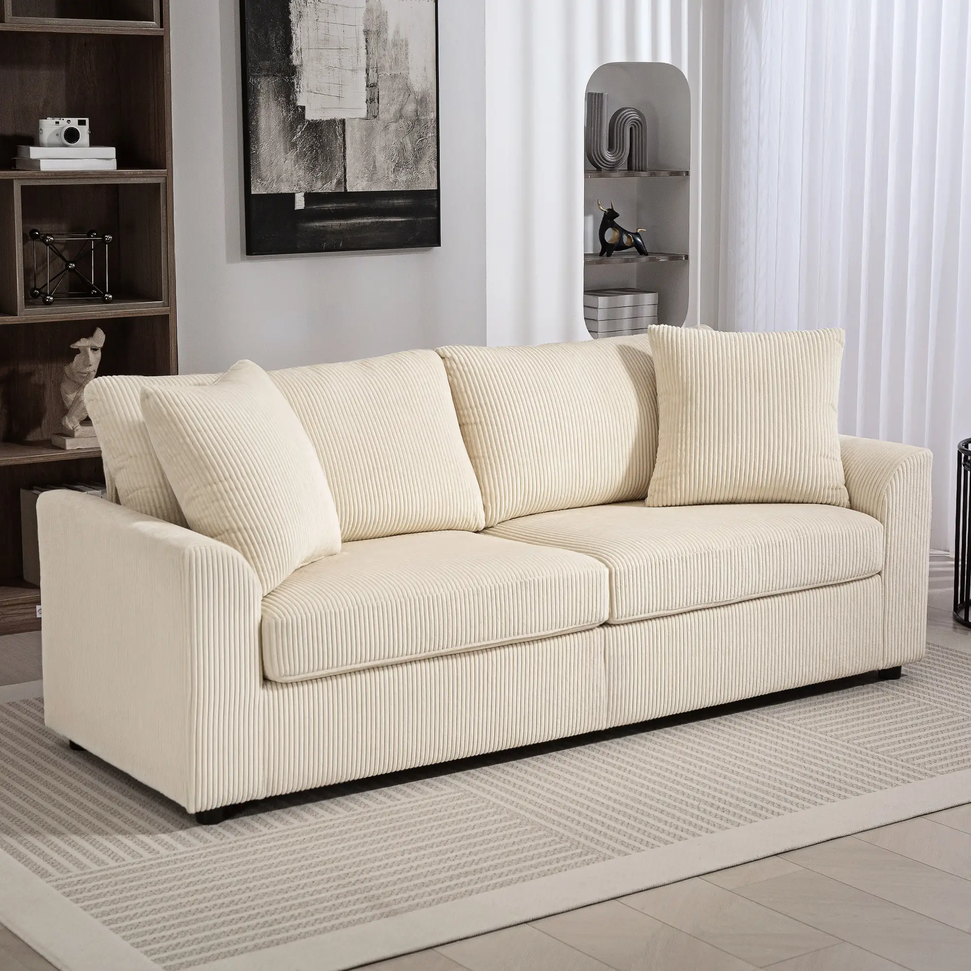 3 Seater Sofa, 83.5" Upholstered Couch, Pocket Spring, Cream White - Image 8