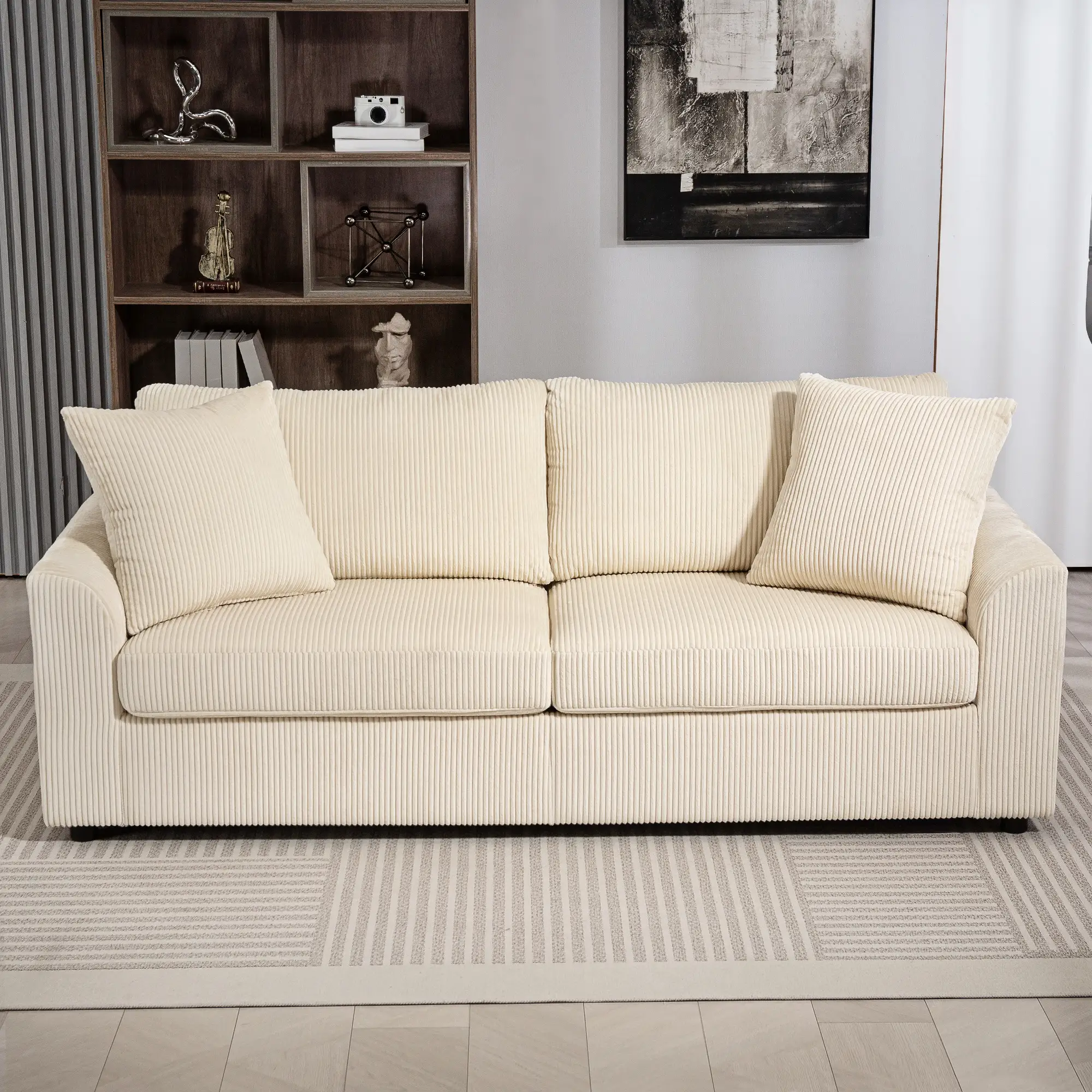 3 Seater Sofa, 83.5" Upholstered Couch, Pocket Spring, Cream White - Image 9