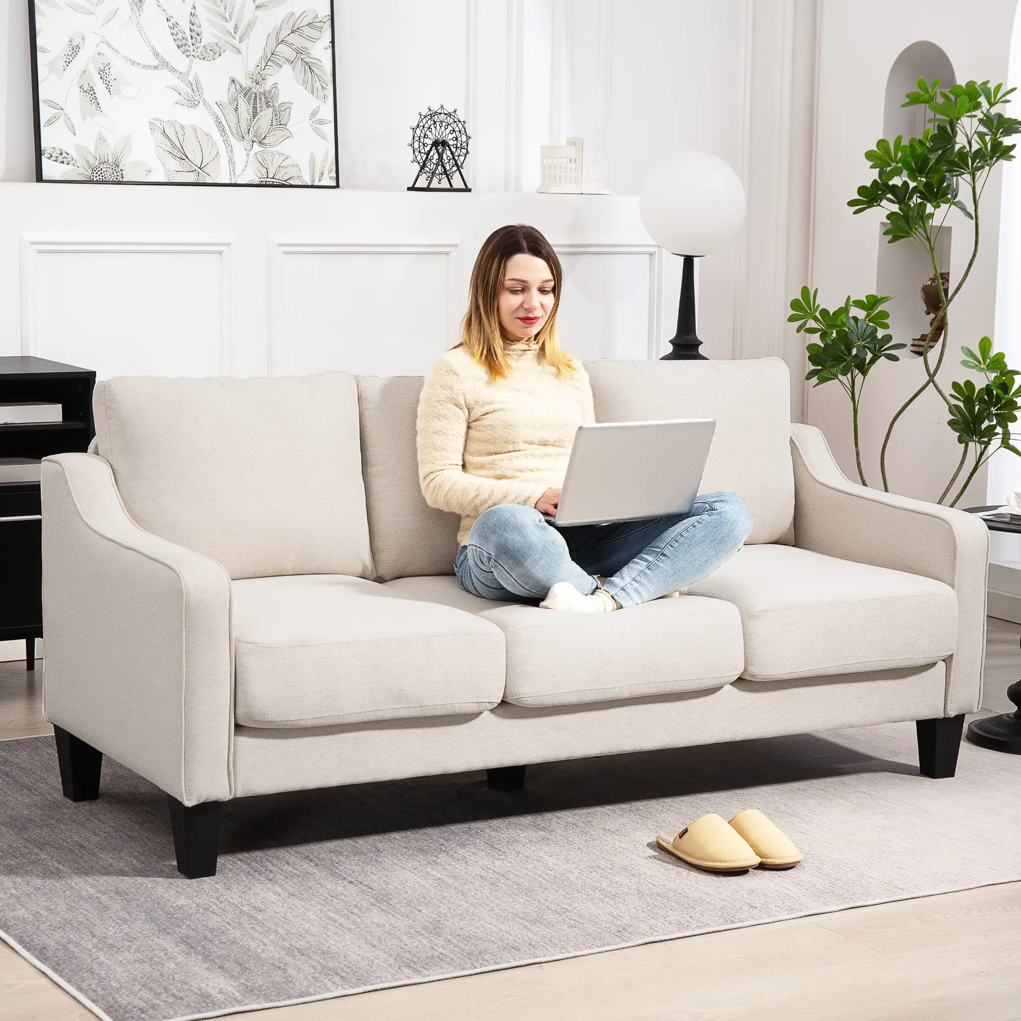 3 Seater Sofa, Modern Linen Couch, Pocket Spring, Thick Padded, Beige - Image 2