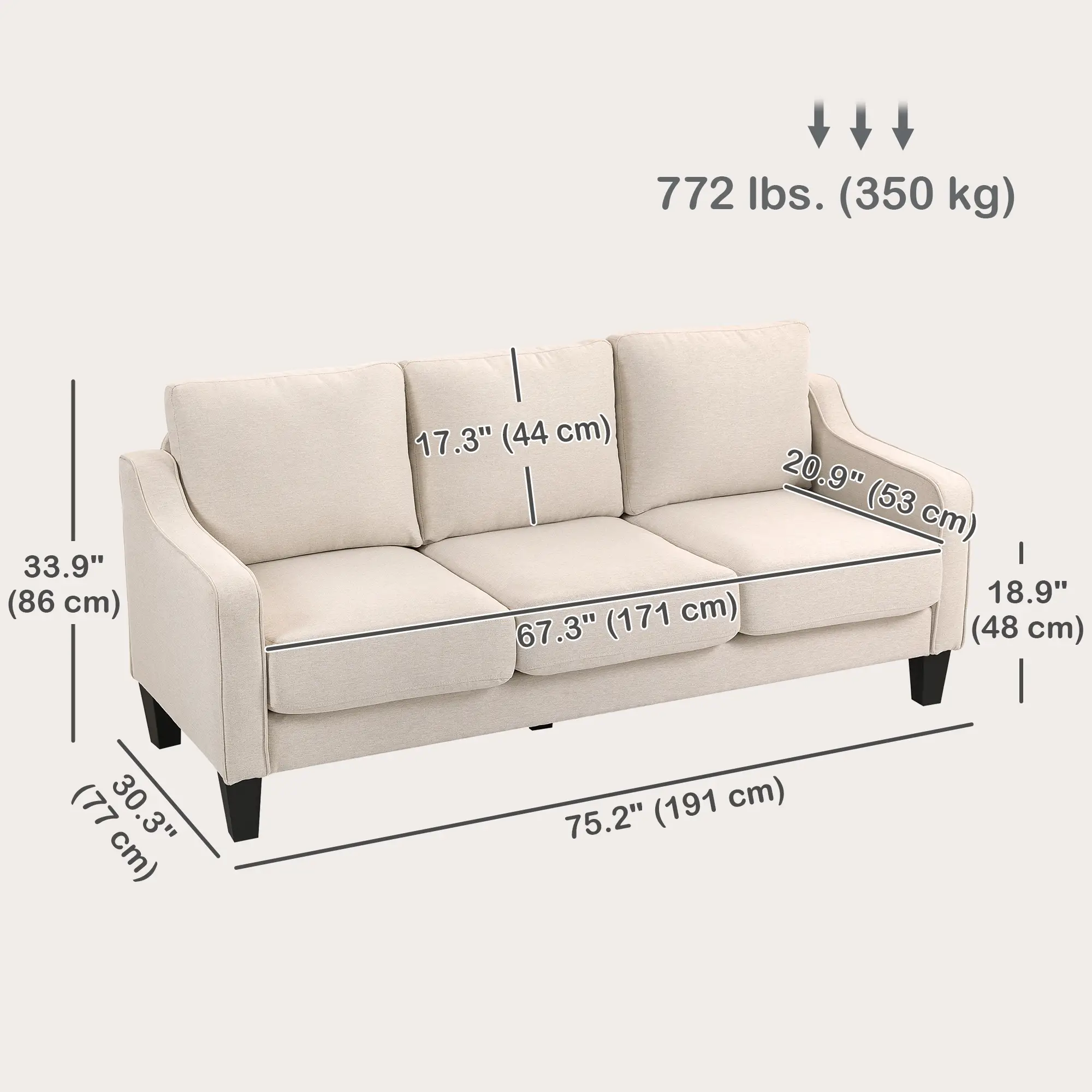 3 Seater Sofa, Modern Linen Couch, Pocket Spring, Thick Padded, Beige - Image 3