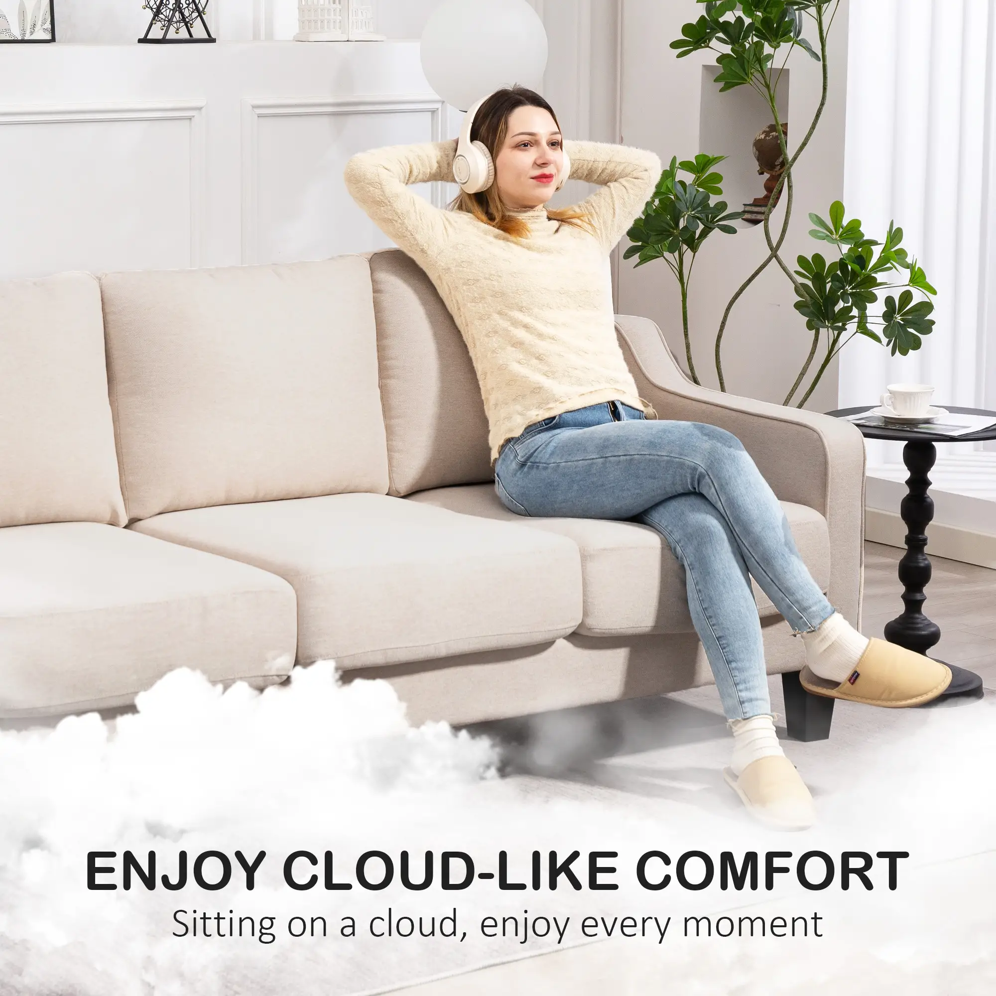 3 Seater Sofa, Modern Linen Couch, Pocket Spring, Thick Padded, Beige - Image 4