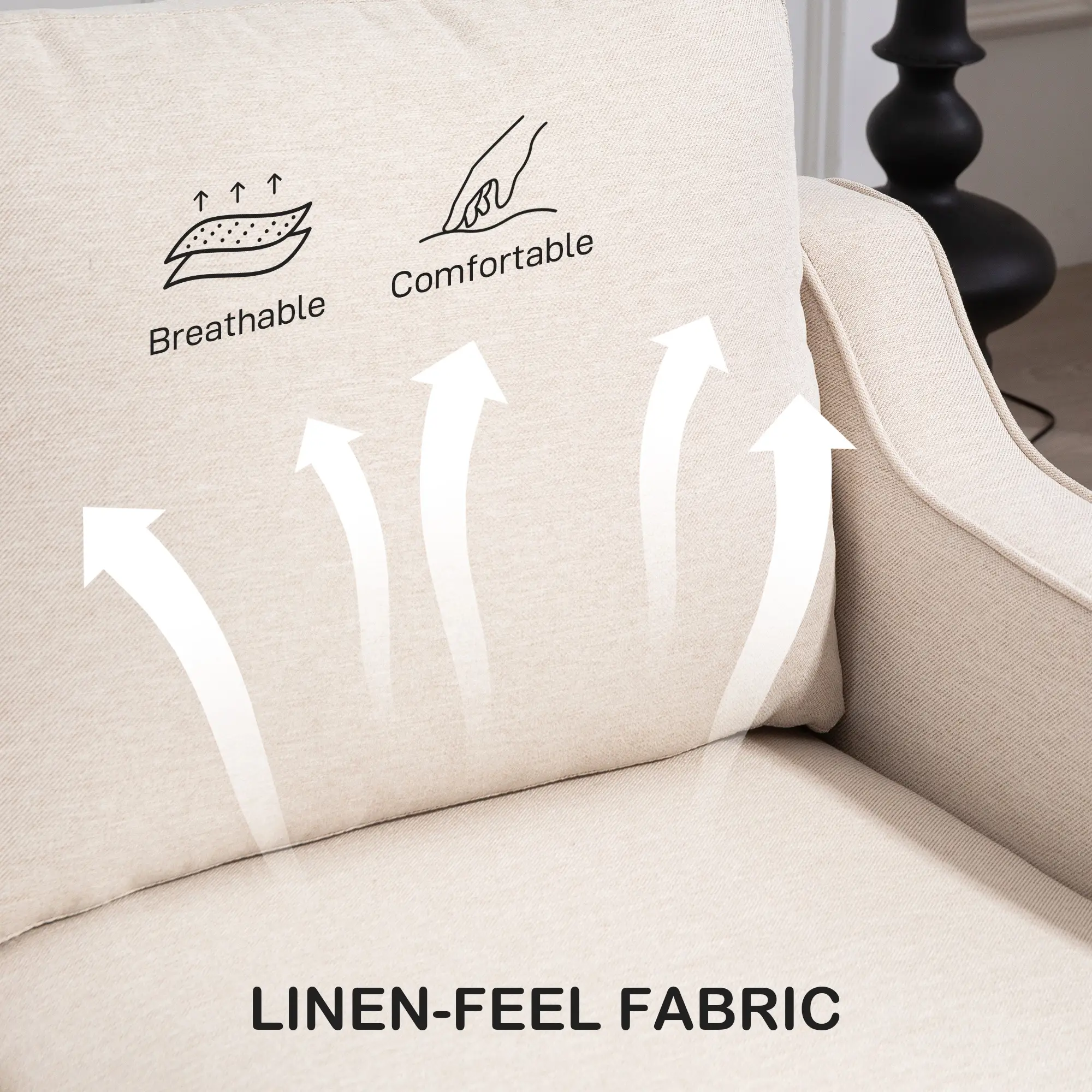 3 Seater Sofa, Modern Linen Couch, Pocket Spring, Thick Padded, Beige - Image 6