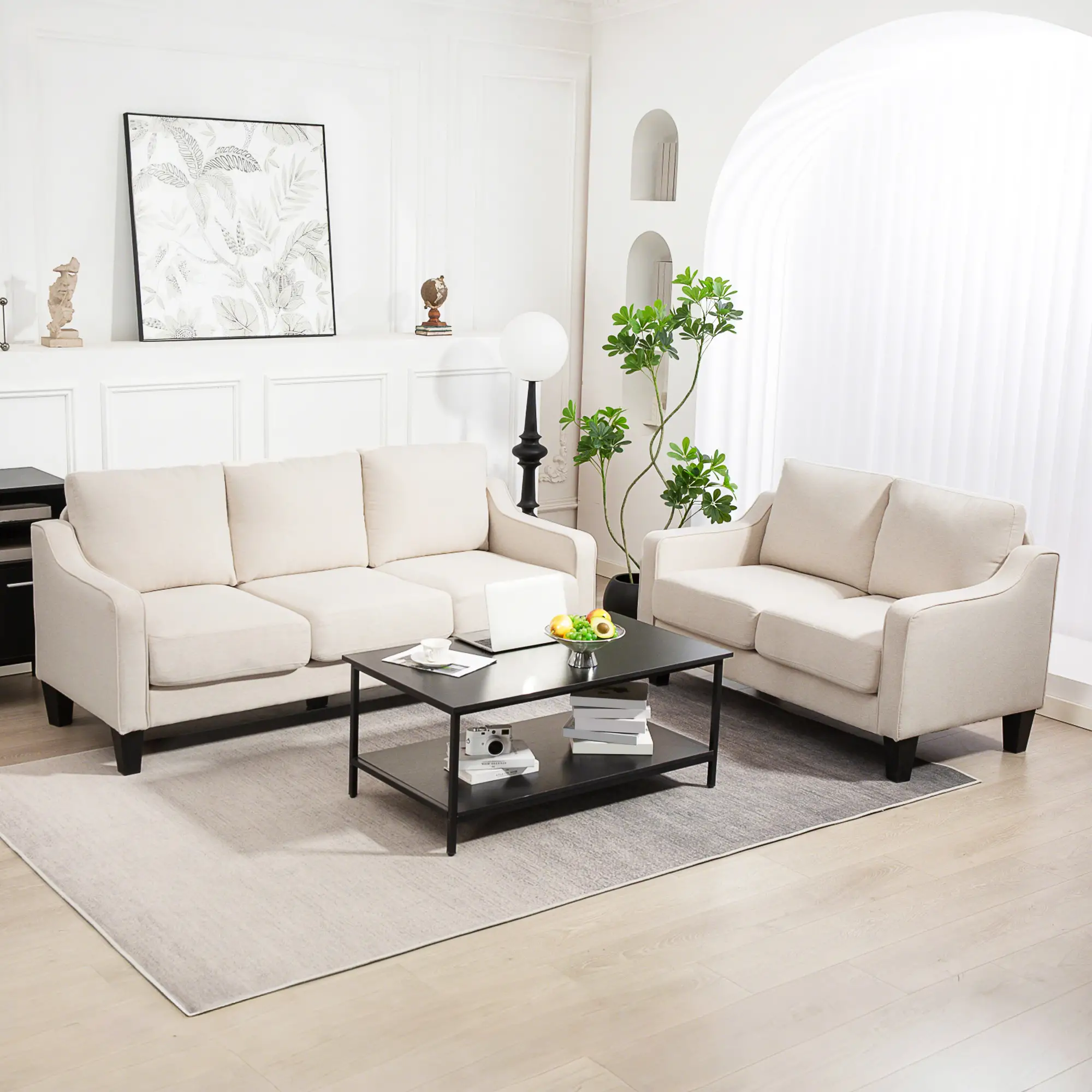 3 Seater Sofa, Modern Linen Couch, Pocket Spring, Thick Padded, Beige - Image 7