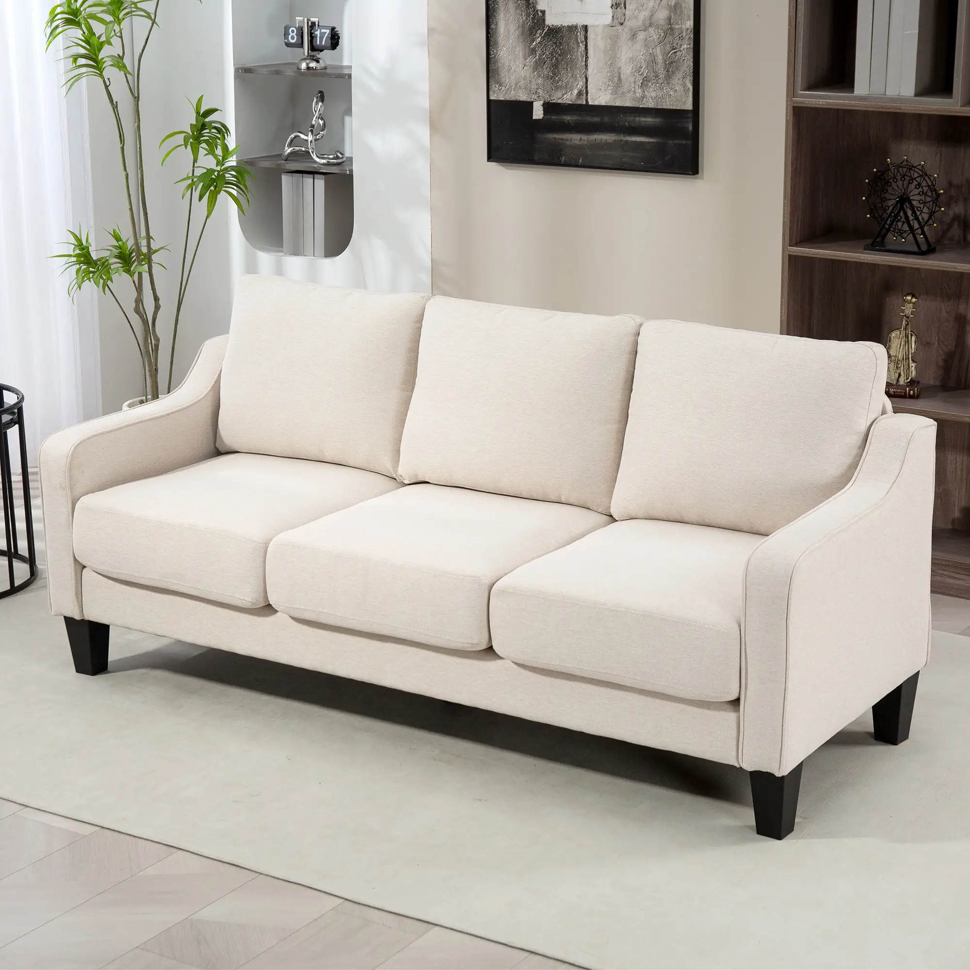 3 Seater Sofa, Modern Linen Couch, Pocket Spring, Thick Padded, Beige - Image 8