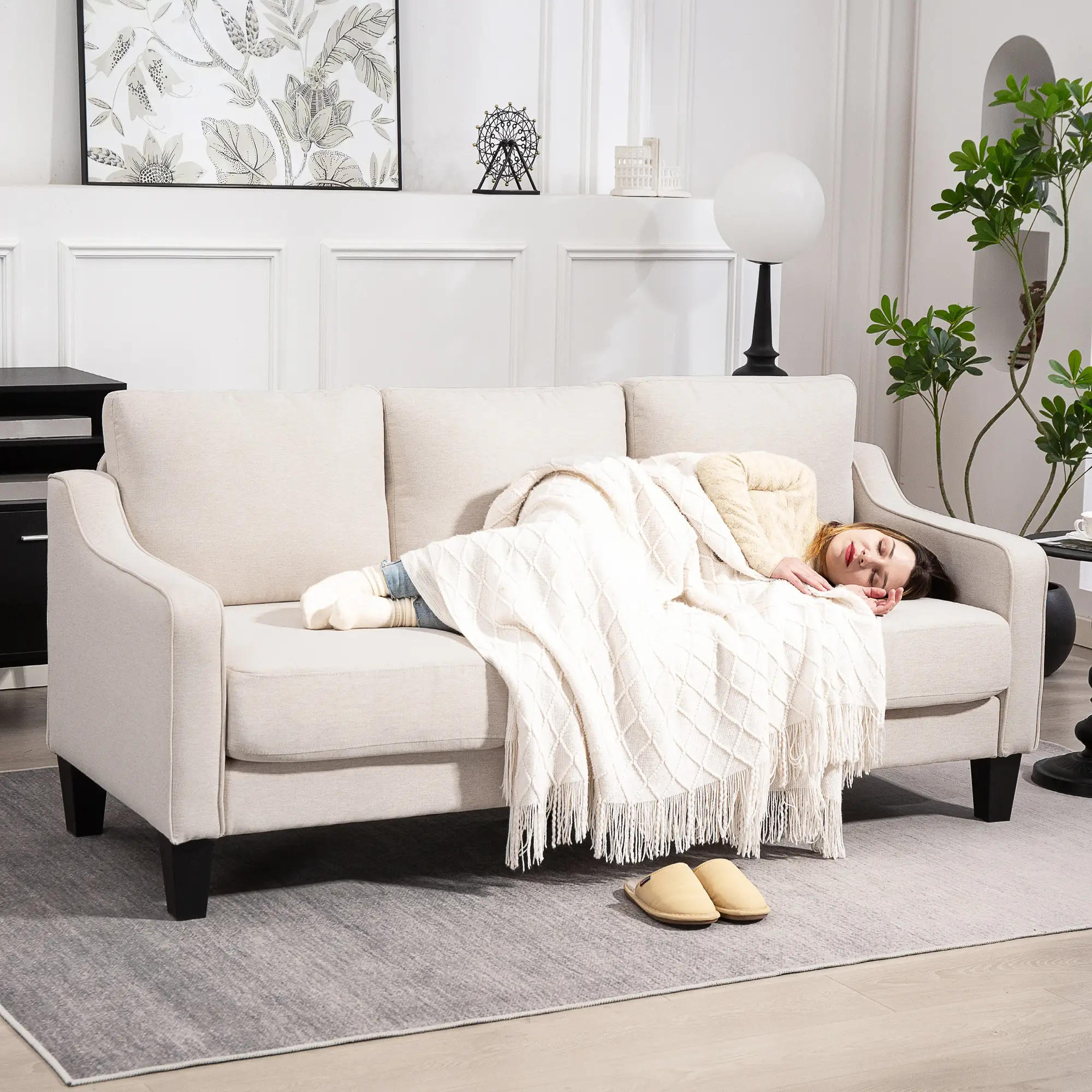 3 Seater Sofa, Modern Linen Couch, Pocket Spring, Thick Padded, Beige - Image 9