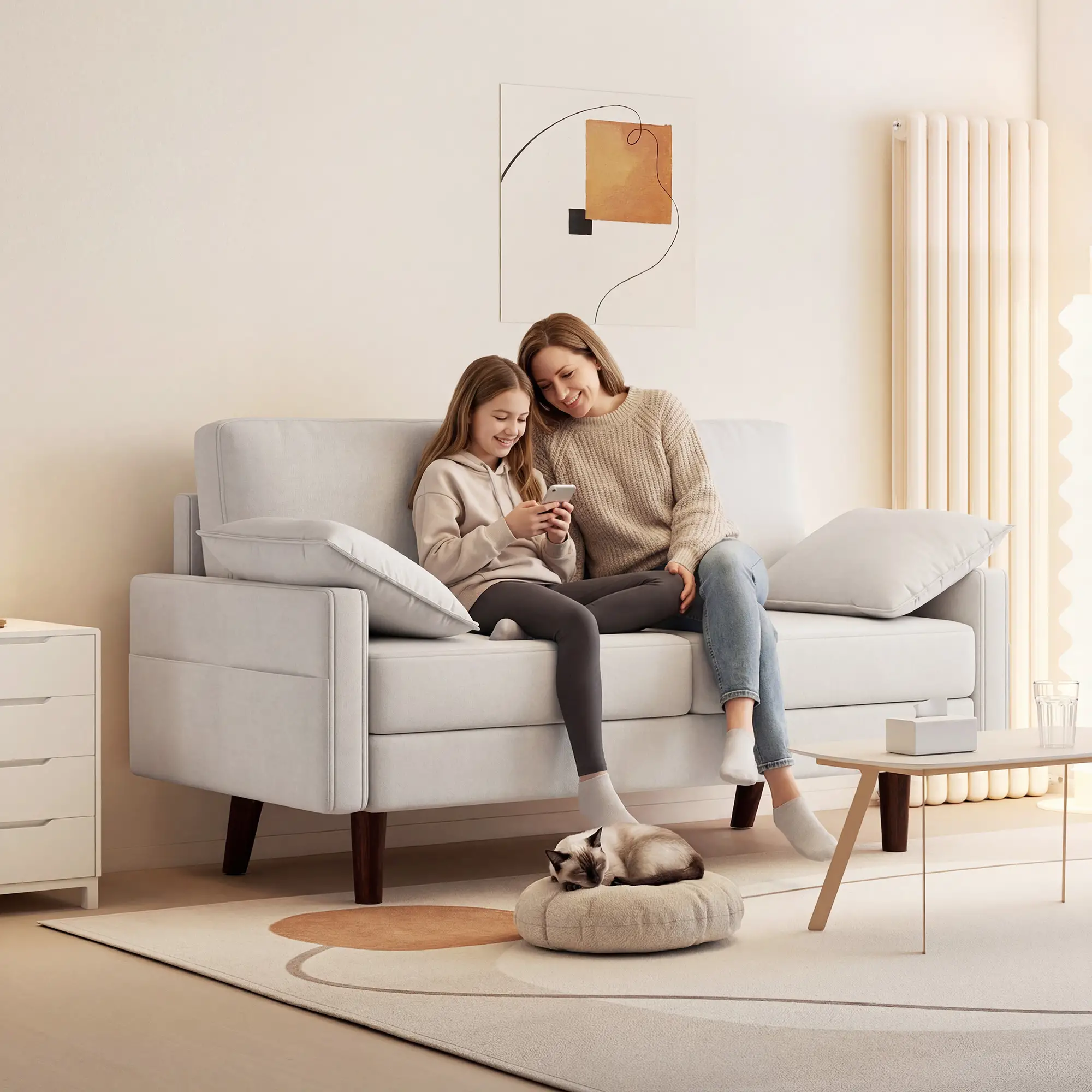 3 Seater Sofa, Velvet Upholstered Couch, Cream White - Image 9