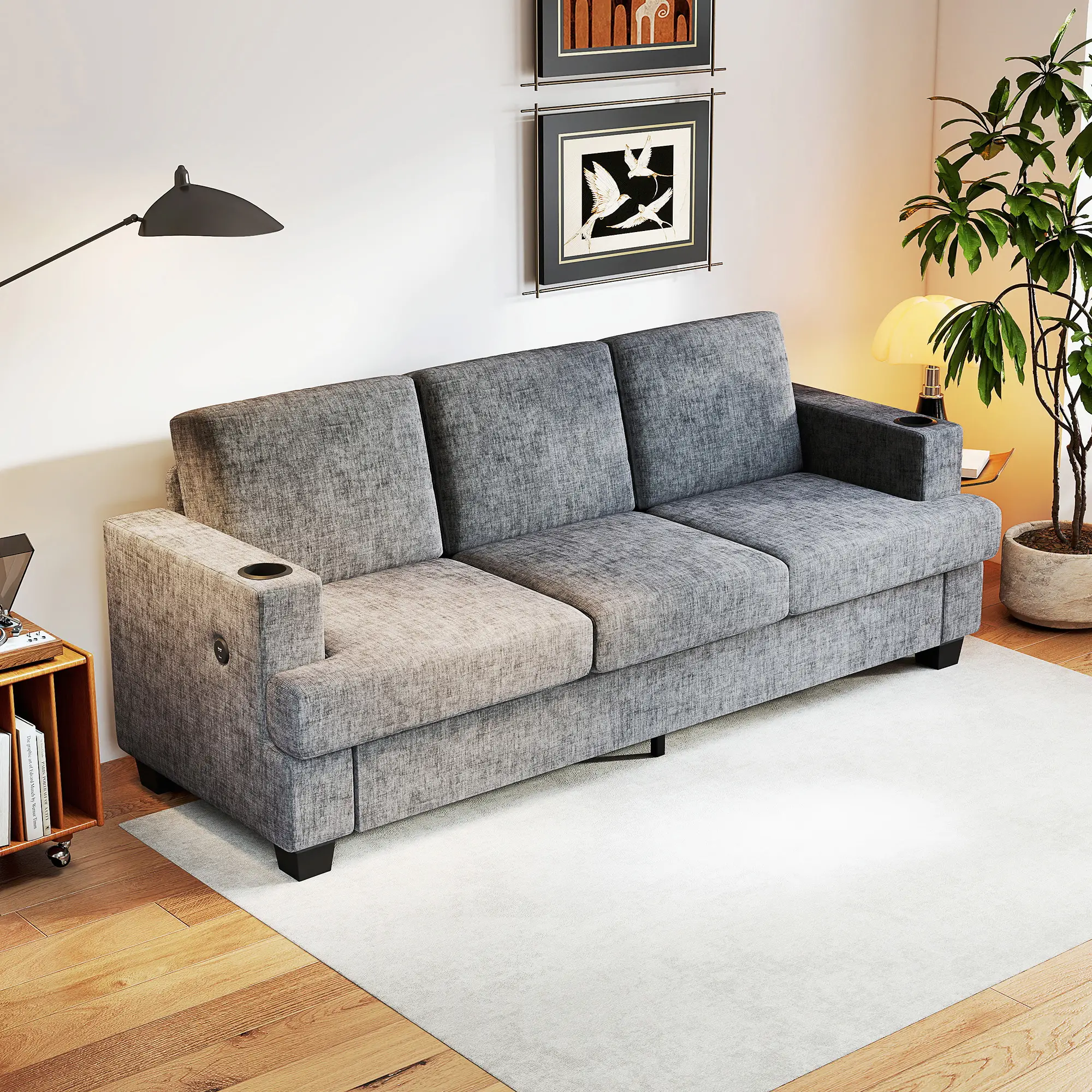 3 Seater Sofa with USB Ports, Cup Holders, Chenille Upholstery, Grey - Image 10